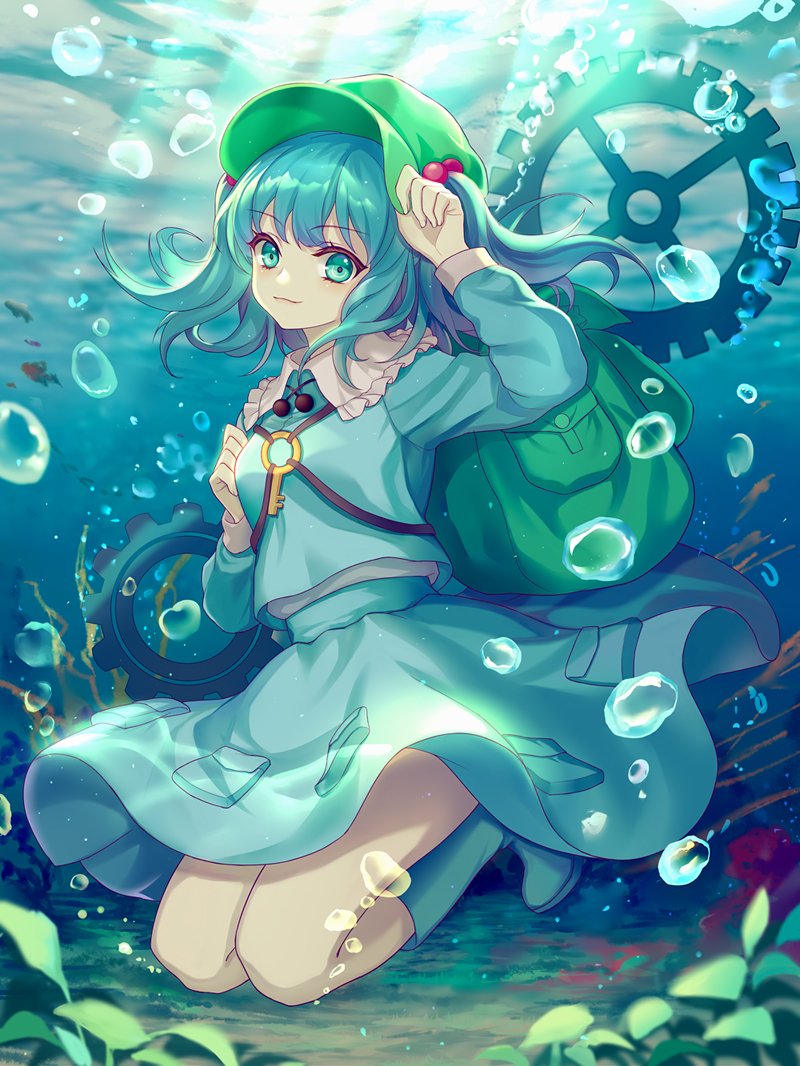 1girl :3 adjusting_clothes adjusting_headwear backpack bag blue_eyes blue_footwear blue_hair blue_shirt blue_skirt blush boots bubble closed_mouth collared_shirt commentary commission fish flat_cap frilled_shirt_collar frills gears green_bag green_headwear hair_bobbles hair_ornament hand_up hat kawashiro_nitori key light_rays long_sleeves looking_at_viewer medium_hair mirror_(xilu4) o-ring plant rubber_boots shirt skirt solo submerged touhou twintails underwater