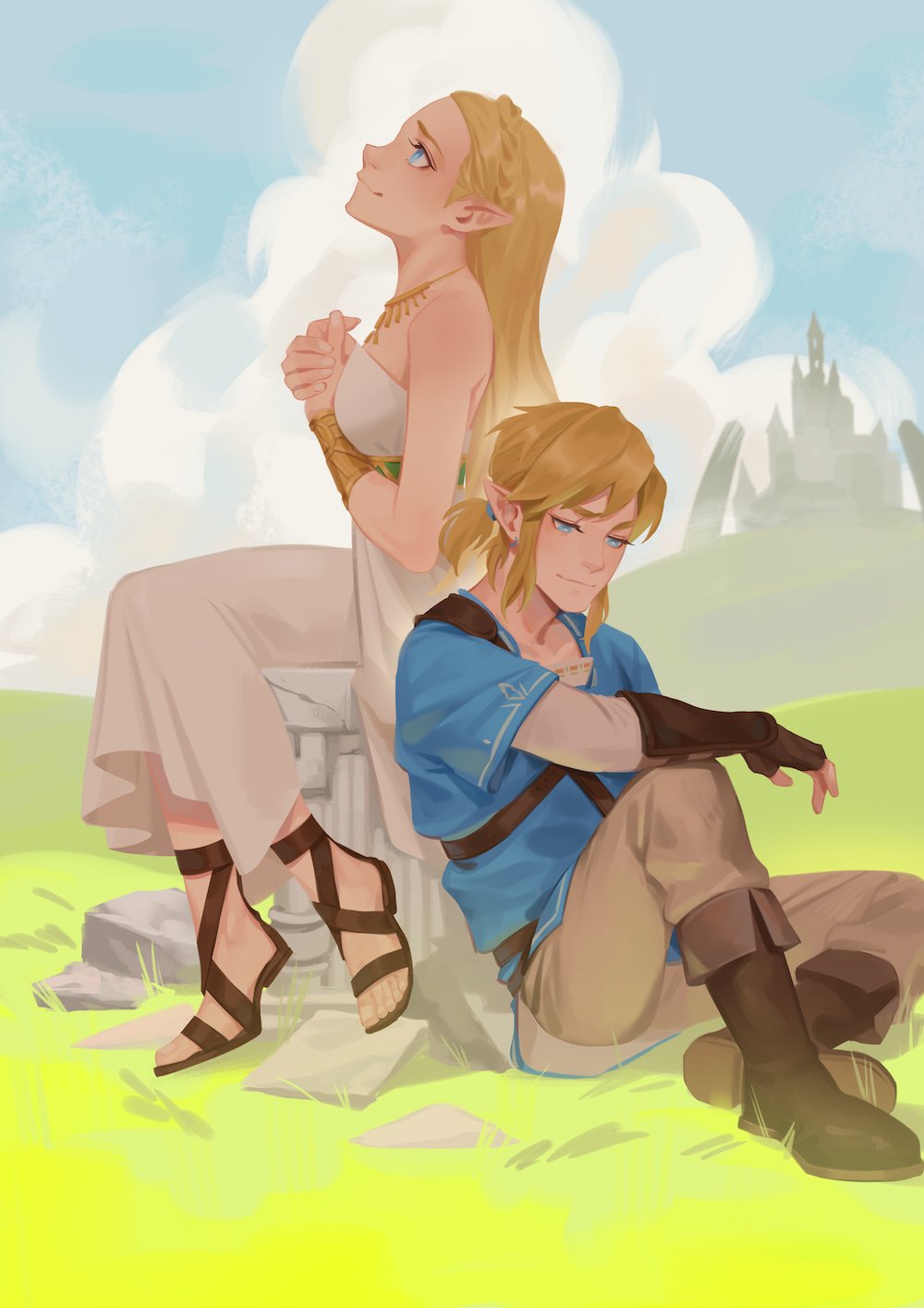 1boy 1girl arm_guards bangs bare_shoulders blonde_hair blue_eyes blue_tunic boots bracer braid breasts brown_footwear brown_gloves castle clouds cloudy_sky dress earrings fingerless_gloves full_body gloves gold_necklace grass grey_pants grey_shirt half-closed_eyes highres jewelry knee_up link long_dress long_hair looking_down looking_up low_ponytail medium_breasts medium_hair necklace outdoors own_hands_clasped own_hands_together pants parted_bangs pointy_ears princess_zelda rachel_huey sandals shirt short_ponytail sidelocks sitting sky smile strapless strapless_dress the_legend_of_zelda the_legend_of_zelda:_breath_of_the_wild white_dress