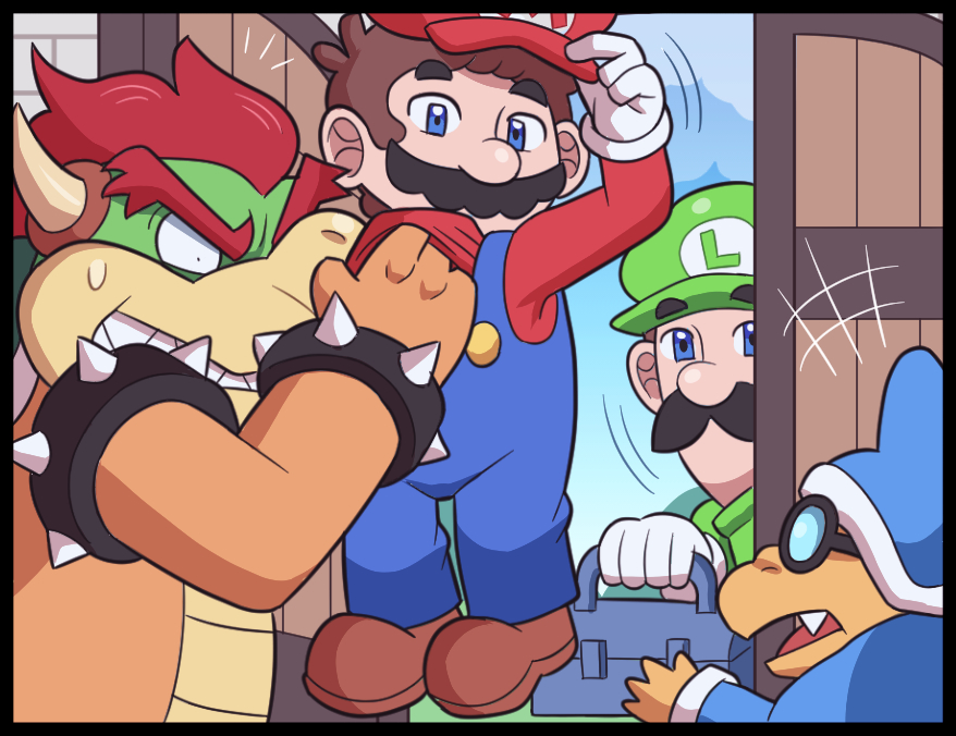 4boys angry armlet ayyk92 bangs blue_eyes blue_headwear blue_overalls bowser bracelet brown_footwear brown_hair character_request collar facial_hair fang glasses gloves grabbing holding jewelry lifting_person looking_at_another luigi mario multiple_boys mustache open_door overalls red_shirt redhead shirt short_hair spiked_armlet spiked_bracelet spiked_collar spikes super_mario_bros. white_gloves
