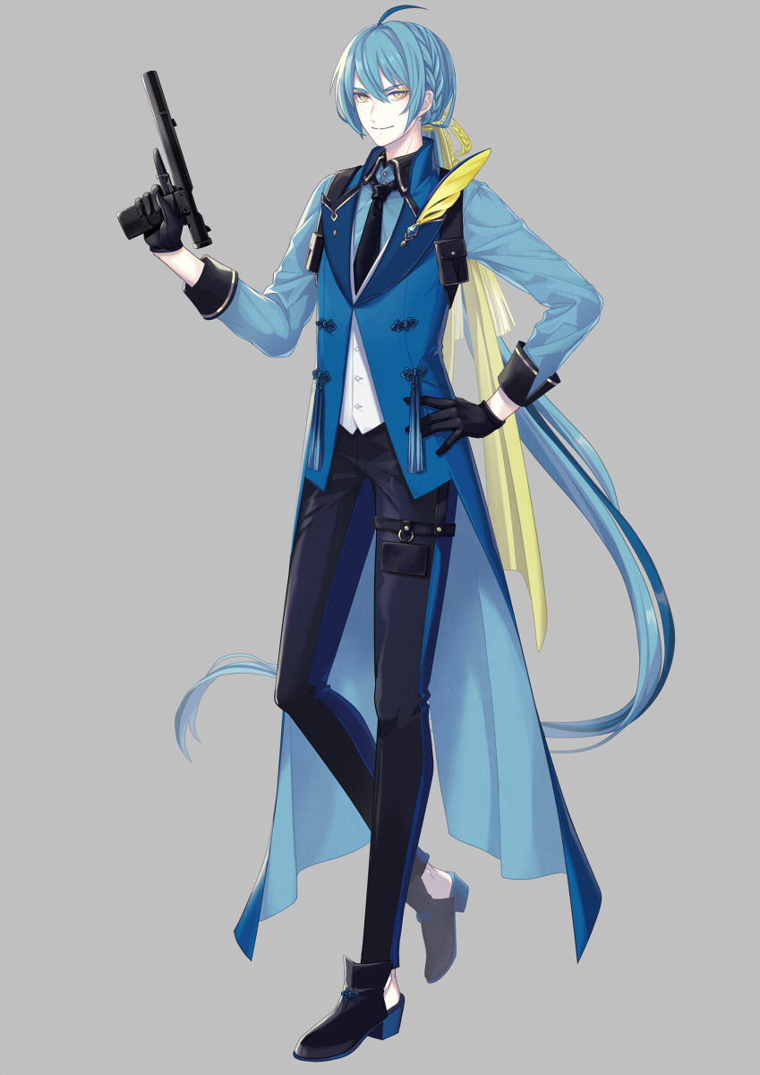 1boy absurdly_long_hair ahoge bangs black_footwear black_gloves black_necktie black_pants blue_hair blue_jacket blue_shirt braid buttons closed_mouth collared_shirt commentary_request feathers flower_knot full_body gloves grey_background gun hair_between_eyes hair_ribbon hand_on_hip hand_up handgun happy heel-less_heels heel_up highres holding holding_gun holding_weapon humanization index_finger_raised inteleon jacket kitashira_chuusan long_hair long_sleeves looking_at_viewer male_focus multicolored_hair necktie pants pokemon ponytail pouch quill ribbon shirt shoes sidelocks simple_background sleeveless sleeveless_jacket smile solo standing strap suppressor tailcoat tassel thigh_strap trigger_discipline two-tone_hair two-tone_pants v-shaped_eyebrows very_long_hair vest weapon welrod_mk2 white_vest yellow_eyes yellow_feathers yellow_ribbon
