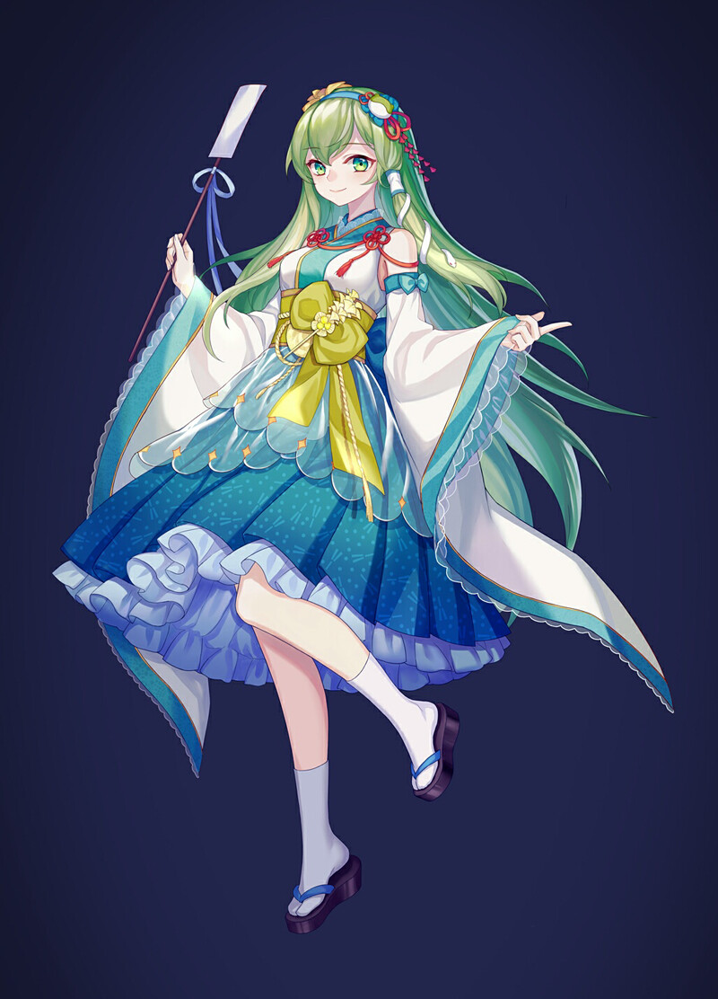 1girl adapted_costume black_footwear blue_background blue_hairband blue_skirt blush bow closed_mouth commission detached_sleeves frog_hair_ornament full_body geta gohei green_eyes green_hair hair_ornament hair_tubes hairband holding holding_gohei kochiya_sanae long_hair looking_at_viewer mirror_(xilu4) obi petticoat red_ribbon ribbon sash shirt single_bare_shoulder skirt sleeveless sleeveless_shirt smile snake_hair_ornament socks solo standing standing_on_one_leg touhou white_shirt white_sleeves white_socks wide_sleeves yellow_bow