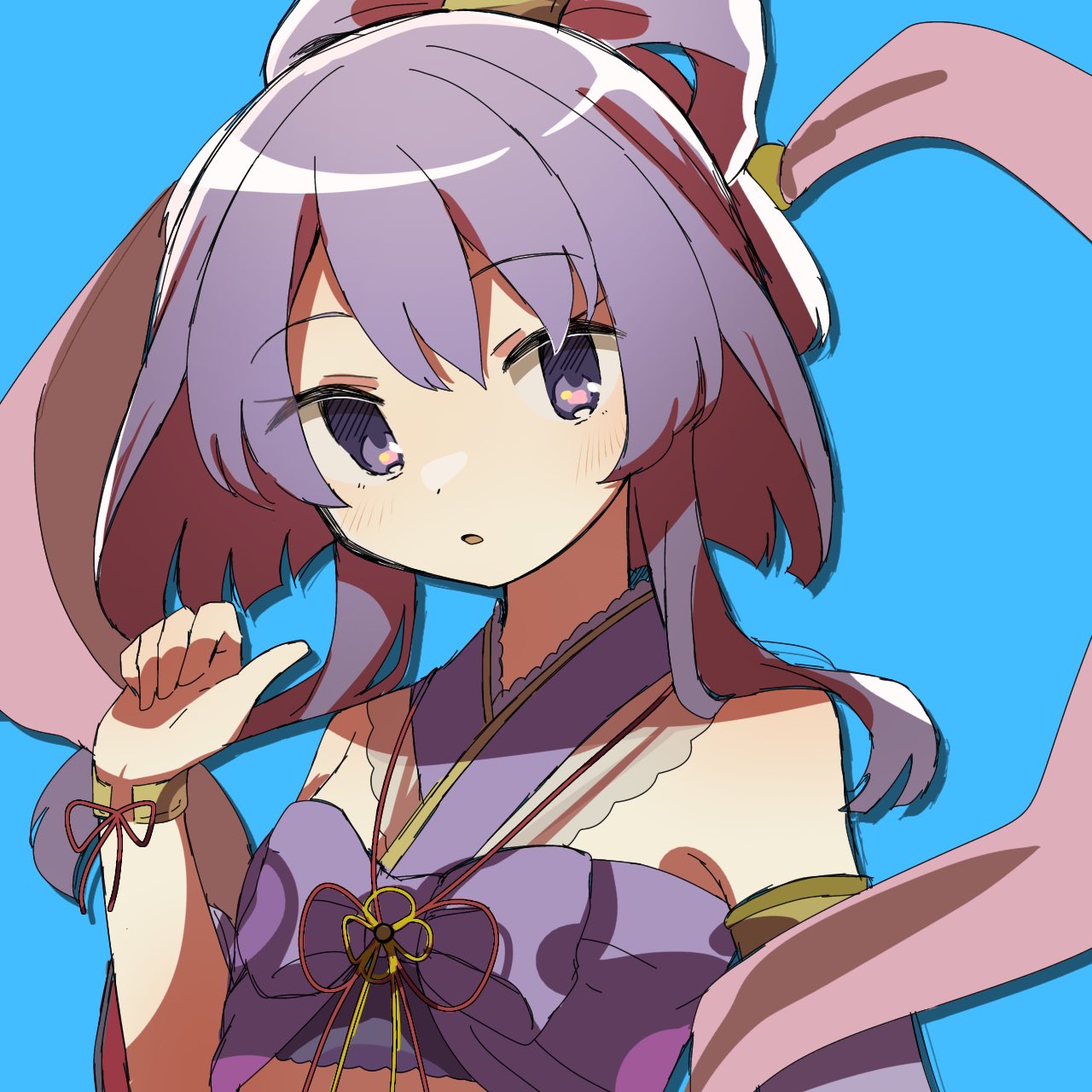 1girl aika_himena bangs blue_background blunt_ends blush bow bow-shaped_hair commentary cropped_kimono detached_sleeves dot_nose flower_knot hagoromo hand_up hara_(nanohara) highres japanese_clothes kimono looking_at_viewer magia_record:_mahou_shoujo_madoka_magica_gaiden magical_girl mahou_shoujo_madoka_magica parted_lips pink_shawl purple_bow purple_hair purple_kimono shawl short_hair_with_long_locks simple_background sleeveless sleeveless_kimono solo swept_bangs symbol-only_commentary upper_body violet_eyes