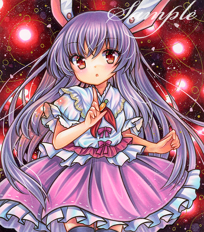 1girl :o animal_ears bangs bow cowboy_shot embellished_costume frilled_skirt frills index_finger_raised long_hair looking_at_viewer marker_(medium) neckerchief parted_lips pink_bow pink_skirt puffy_short_sleeves puffy_sleeves purple_hair rabbit_ears red_background red_eyes red_neckerchief reisen_udongein_inaba rui_(sugar3) sample_watermark shirt short_sleeves skirt solo standing thigh-highs touhou traditional_media very_long_hair white_shirt
