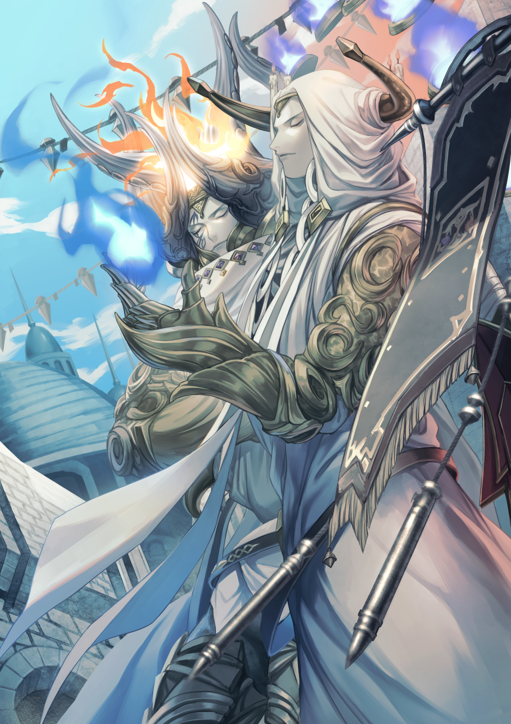 2boys armored_boots boots candle city cloak closed_eyes closed_mouth colored_skin day dual_persona dutch_angle facial_tattoo final_fantasy final_fantasy_xiv highres horns male_focus monster_boy multiple_boys nald'thal outdoors robe rosa_(hoshino) tattoo white_robe white_skin