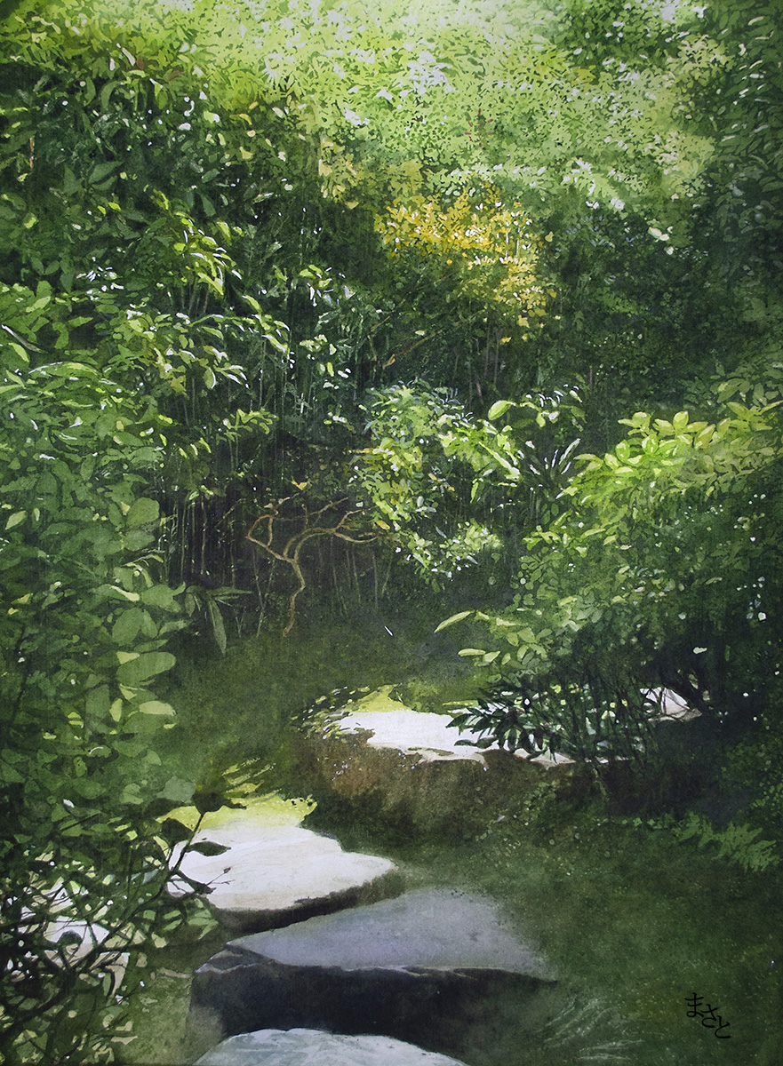 bush commentary_request day foliage forest green_theme highres making-of_available nature no_humans original outdoors painting_(medium) rock scenery still_life traditional_media tree watanabe_masato watercolor_(medium)