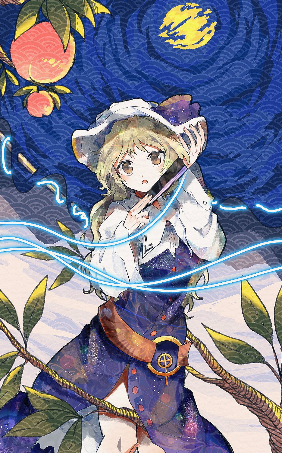 1girl :o bangs belt blonde_hair bow branch brown_belt buttons collared_shirt commentary_request dress food fruit hand_fan hat hat_bow highres itomugi-kun long_dress long_hair long_sleeves loose_belt open_mouth peach pinafore_dress purple_bow purple_dress shirt single_strap solo touhou watatsuki_no_toyohime white_headwear white_shirt yellow_eyes