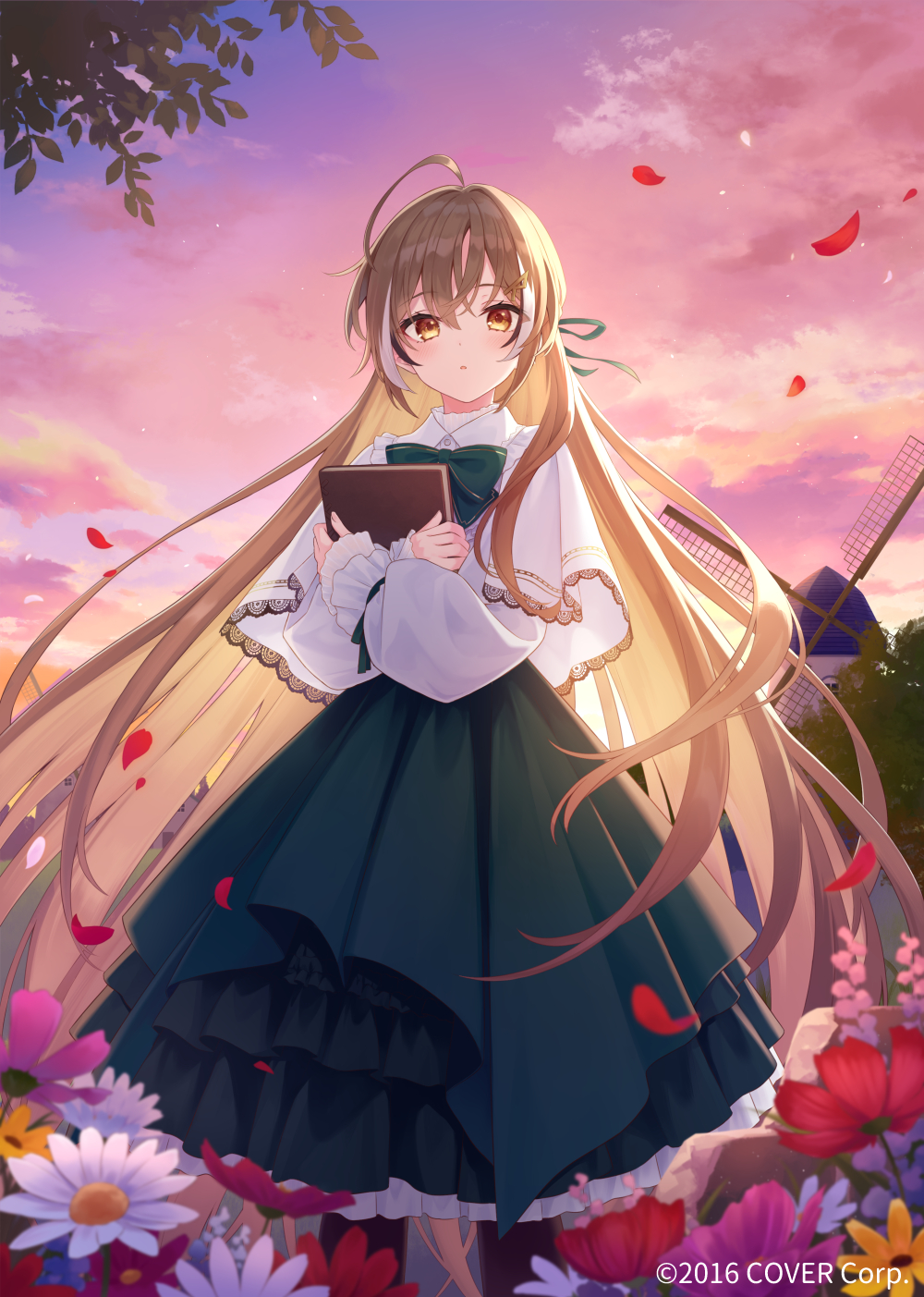 1girl ahoge azuuru bangs blurry book brown_eyes brown_hair capelet clouds cloudy_sky collared_shirt cosmos_(flower) daisy depth_of_field dress falling_leaves field fingernails flower flower_field frilled_sleeves frills green_ribbon green_skirt hair_ornament hair_ribbon hairclip highres hololive hololive_english layered_skirt leaf long_hair long_skirt looking_at_viewer multicolored_hair nanashi_mumei official_alternate_costume official_art overskirt parted_lips puffy_sleeves ribbon shirt skirt sky solo streaked_hair tree twilight very_long_hair virtual_youtuber white_capelet white_shirt windmill