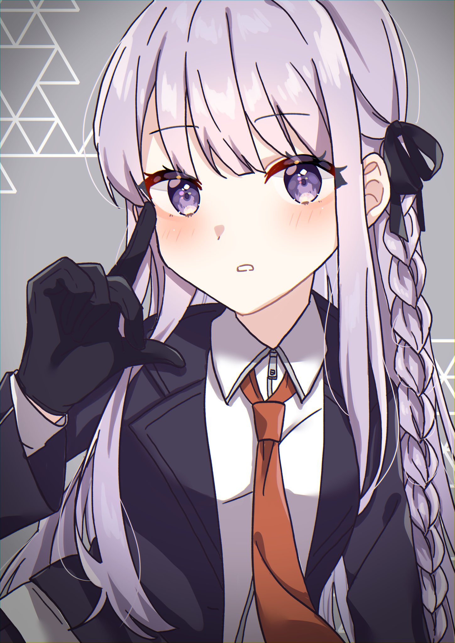 1girl bangs black_gloves black_jacket black_ribbon blush braid collared_shirt commentary_request danganronpa:_trigger_happy_havoc danganronpa_(series) gloves gradient gradient_background grey_background hair_ribbon hana_no_yo highres jacket kirigiri_kyouko long_hair necktie open_clothes open_jacket orange_necktie parted_lips ribbon shiny shiny_hair shirt solo violet_eyes white_shirt