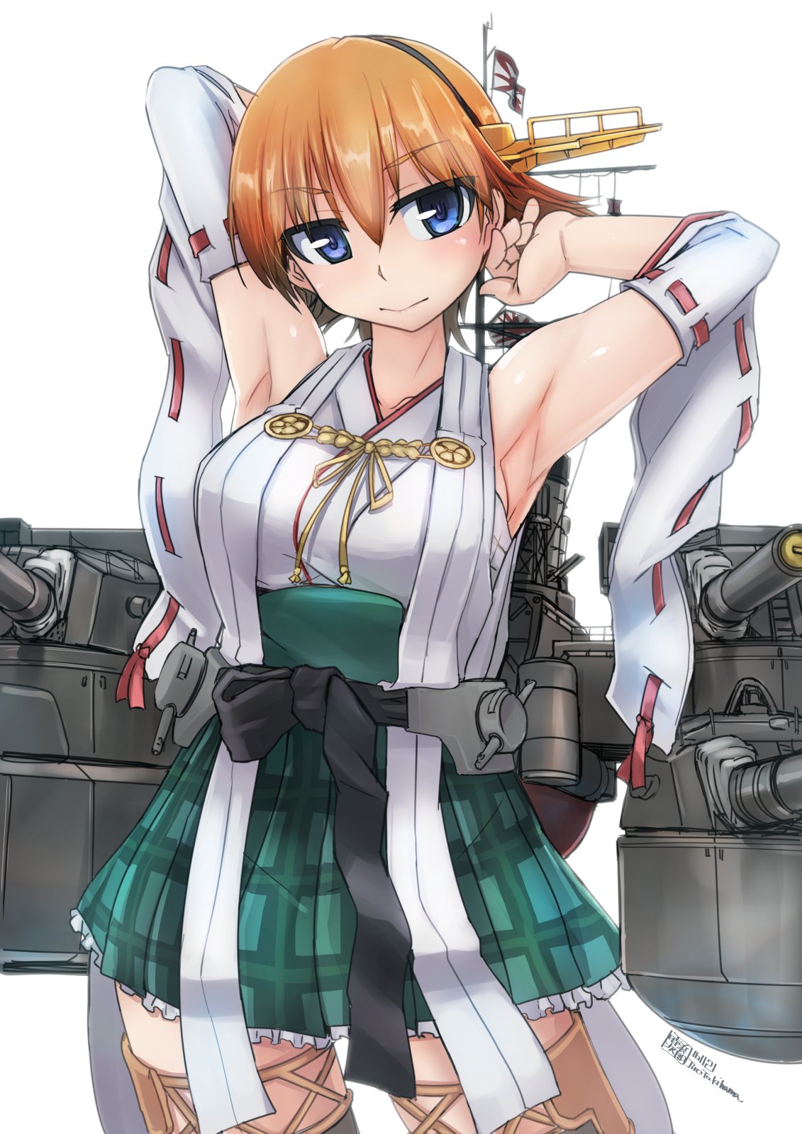 1girl boots breasts brown_hair cannon commentary_request cowboy_shot detached_sleeves flipped_hair green_skirt hairband headgear hiei_(kancolle) highres kantai_collection large_breasts looking_at_viewer machinery ribbon-trimmed_sleeves ribbon_trim short_hair simple_background skirt solo thigh_boots tokihama_jirou turret violet_eyes white_background