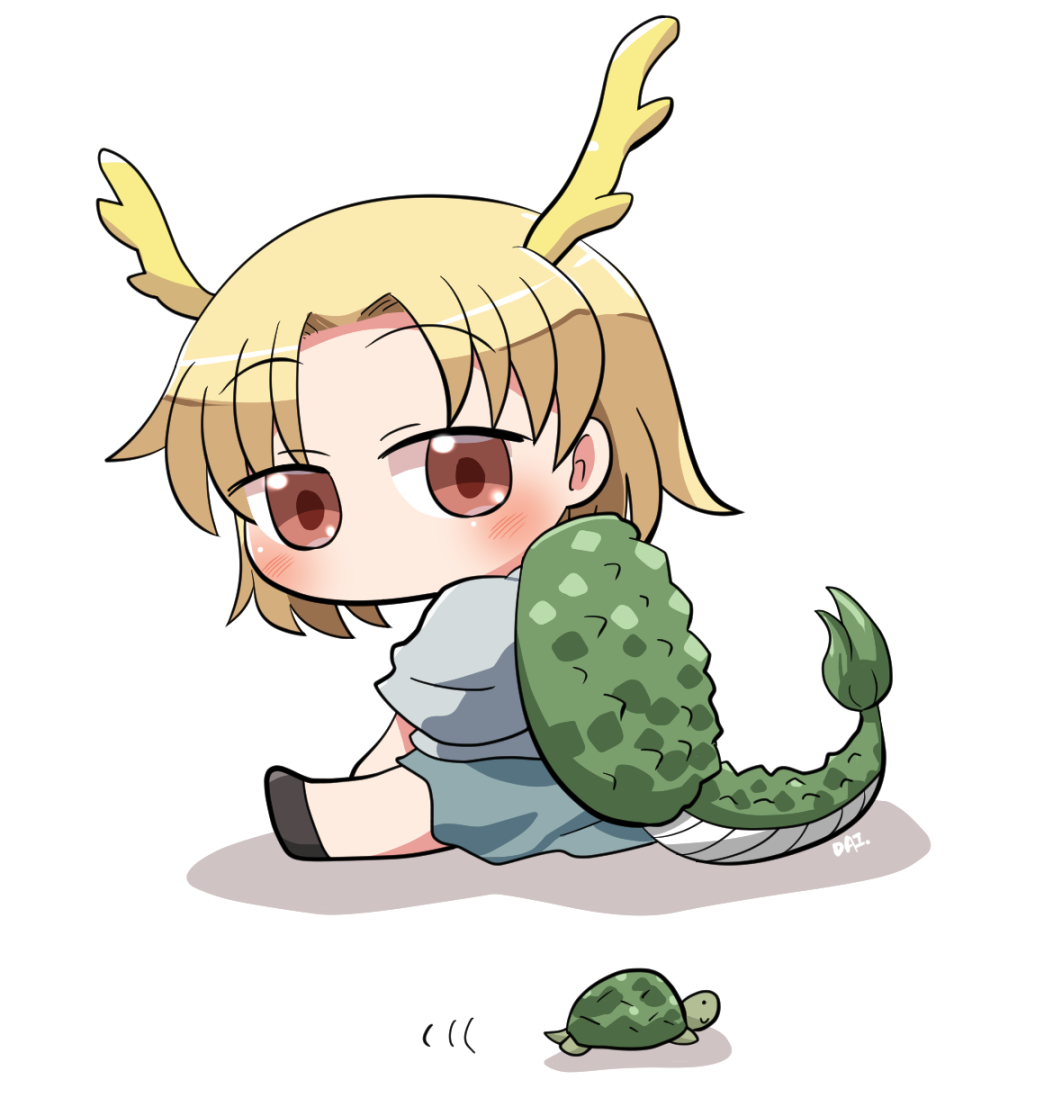 1girl animal antlers blonde_hair blue_shirt blush dragon_horns dragon_tail green_skirt horns kicchou_yachie motion_lines red_eyes rokugou_daisuke shirt short_hair short_sleeves signature simple_background skirt solo tail touhou turtle turtle_shell white_background yellow_horns