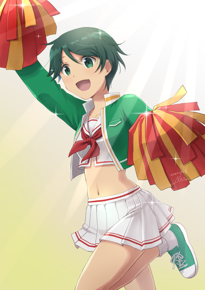 1girl breasts cheering cheerleader crop_top cropped_jacket green_eyes green_footwear green_hair green_jacket holding holding_pom_poms jacket kantai_collection long_sleeves midriff miniskirt mogami_(kancolle) nao_(nao_eg) navel open_clothes open_jacket pleated_skirt pom_pom_(cheerleading) shoes short_hair skirt small_breasts sneakers socks solo standing standing_on_one_leg white_skirt white_socks