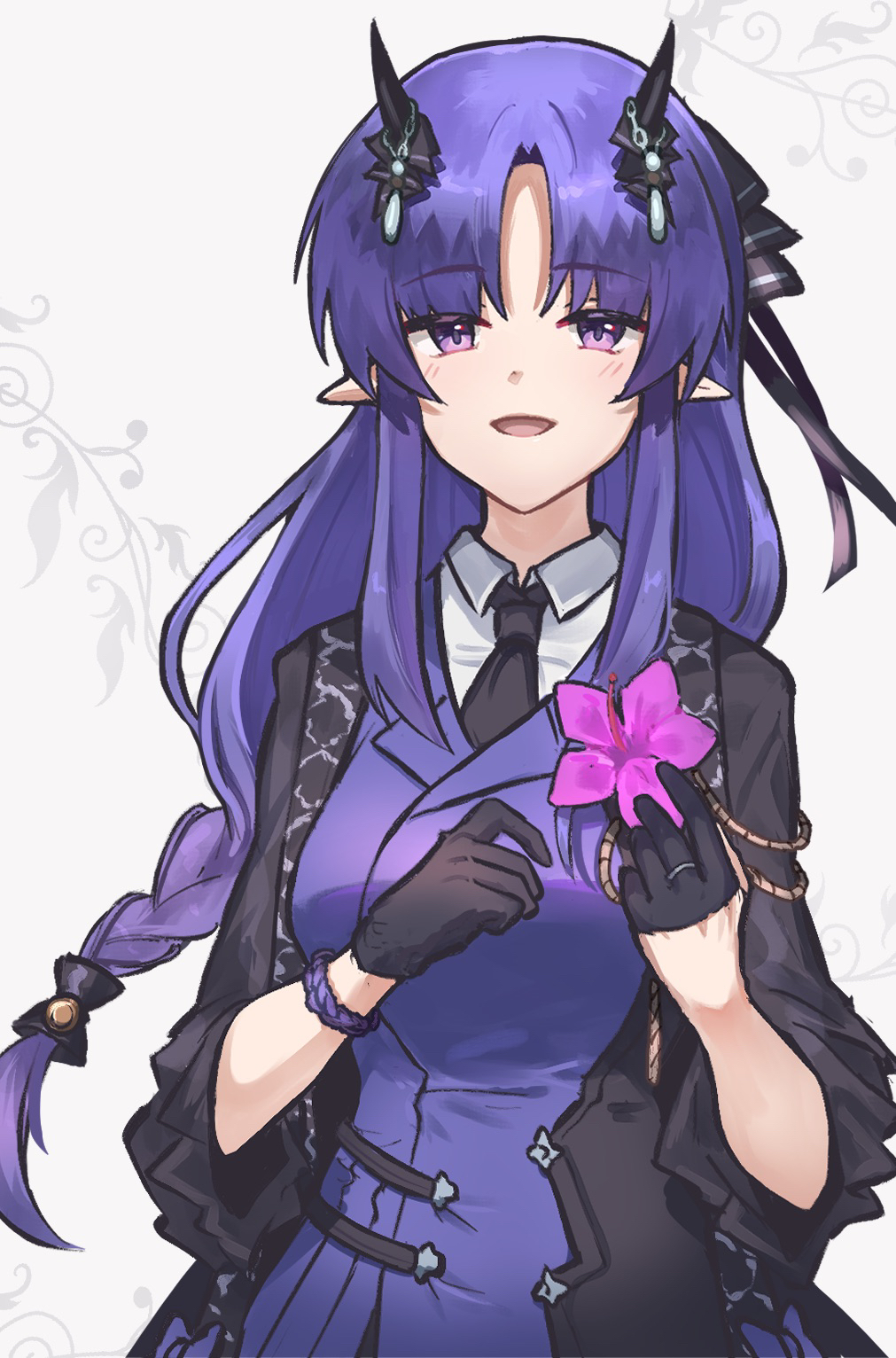 1girl arknights bangs black_gloves braid breasts flower gloves hibiscus hibiscus_(arknights) hibiscus_the_purifier_(arknights) highres holding holding_flower horns jacket large_breasts long_hair long_sleeves mabing open_clothes open_jacket open_mouth pointy_ears purple_hair shirt simple_background smile solo very_long_hair violet_eyes