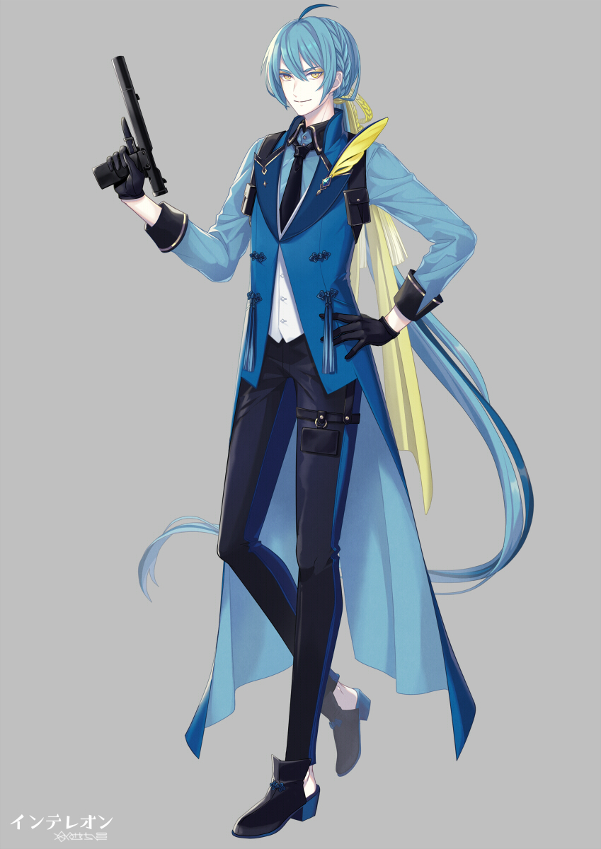 1boy absurdly_long_hair ahoge bangs black_footwear black_gloves black_necktie black_pants blue_hair blue_jacket blue_shirt braid buttons character_name closed_mouth collared_shirt commentary_request feathers flower_knot full_body gloves grey_background gun hair_between_eyes hair_ribbon hand_on_hip hand_up handgun happy heel-less_heels heel_up highres holding holding_gun holding_weapon humanization index_finger_raised inteleon jacket long_hair long_sleeves looking_at_viewer male_focus merlusa multicolored_hair necktie pants pokemon ponytail pouch quill ribbon shirt shoes sidelocks simple_background sleeveless sleeveless_jacket smile solo standing strap suppressor tailcoat tassel thigh_strap translated trigger_discipline two-tone_hair two-tone_pants v-shaped_eyebrows very_long_hair vest weapon welrod_mk2 white_vest yellow_eyes yellow_feathers yellow_ribbon