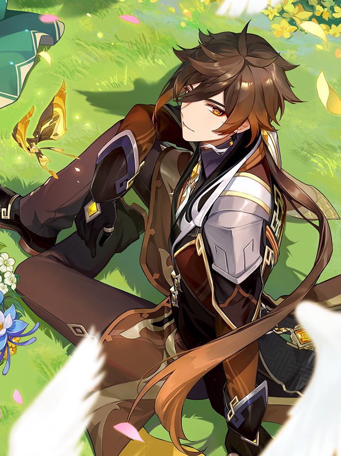 1boy black_gloves black_pants brown_eyes brown_hair diamond-shaped_pupils diamond_(shape) earrings enesfwee falling_petals flower from_above genshin_impact gloves gradient_hair grass hair_between_eyes jewelry long_hair male_focus multicolored_hair on_ground orange_hair pants petals ponytail ring single_earring sitting solo symbol-shaped_pupils tassel tassel_earrings yellow_flower zhongli_(genshin_impact)