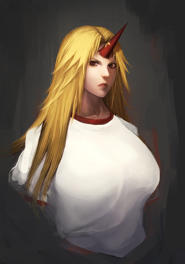 1girl bangs blonde_hair breasts brown_eyes closed_mouth commentary_request cropped_torso expressionless grey_background horns hoshiguma_yuugi large_breasts lips long_hair looking_at_viewer minami_koyogi parted_bangs portrait red_horns shirt short_sleeves single_horn solo star_(symbol) t-shirt touhou upper_body white_shirt