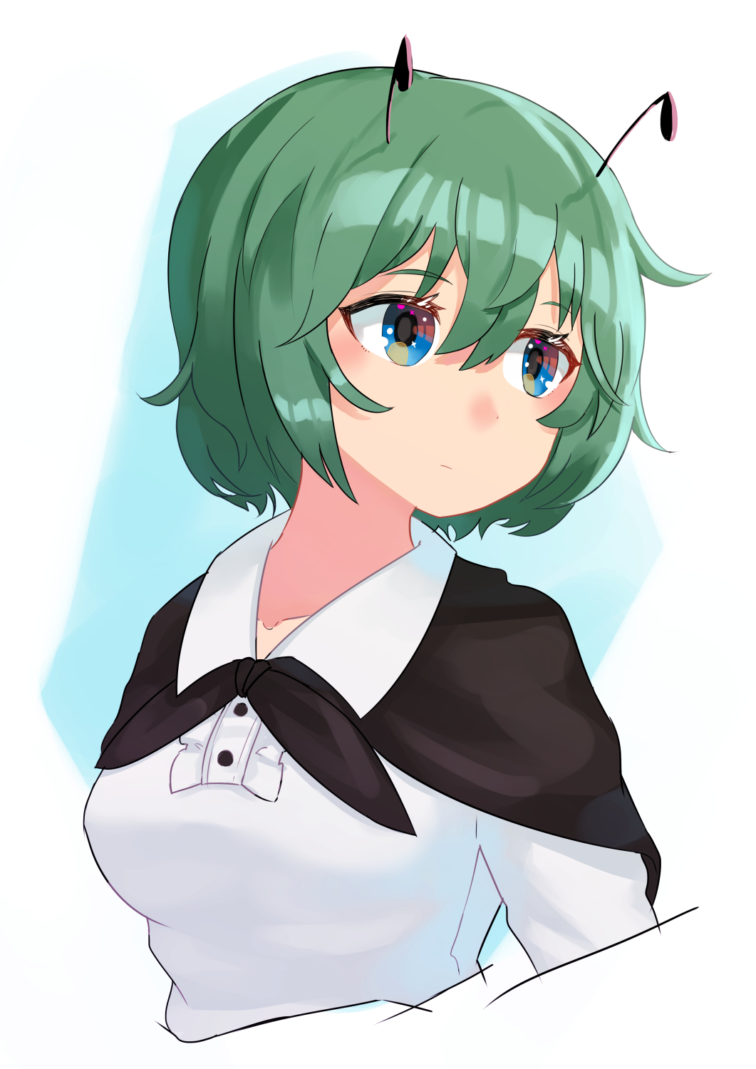 1girl antennae black_cape cape closed_mouth collarbone cropped_torso green_eyes green_hair hair_between_eyes hashiro highres long_sleeves looking_to_the_side short_hair solo touhou wriggle_nightbug