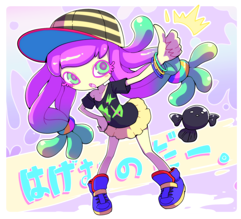 1girl 1other arm_up baseball_cap black_shirt blue_footwear drooling fish green_eyes hand_on_hip harmony's_clownfish_(splatoon) harmony_(splatoon) hat long_hair low-tied_long_hair miniskirt nollety open_mouth pink_hair saliva shirt shoes short_sleeves skirt splatoon_(series) splatoon_3 striped striped_headwear t-shirt tentacle_hair thumbs_up twintails yellow_skirt
