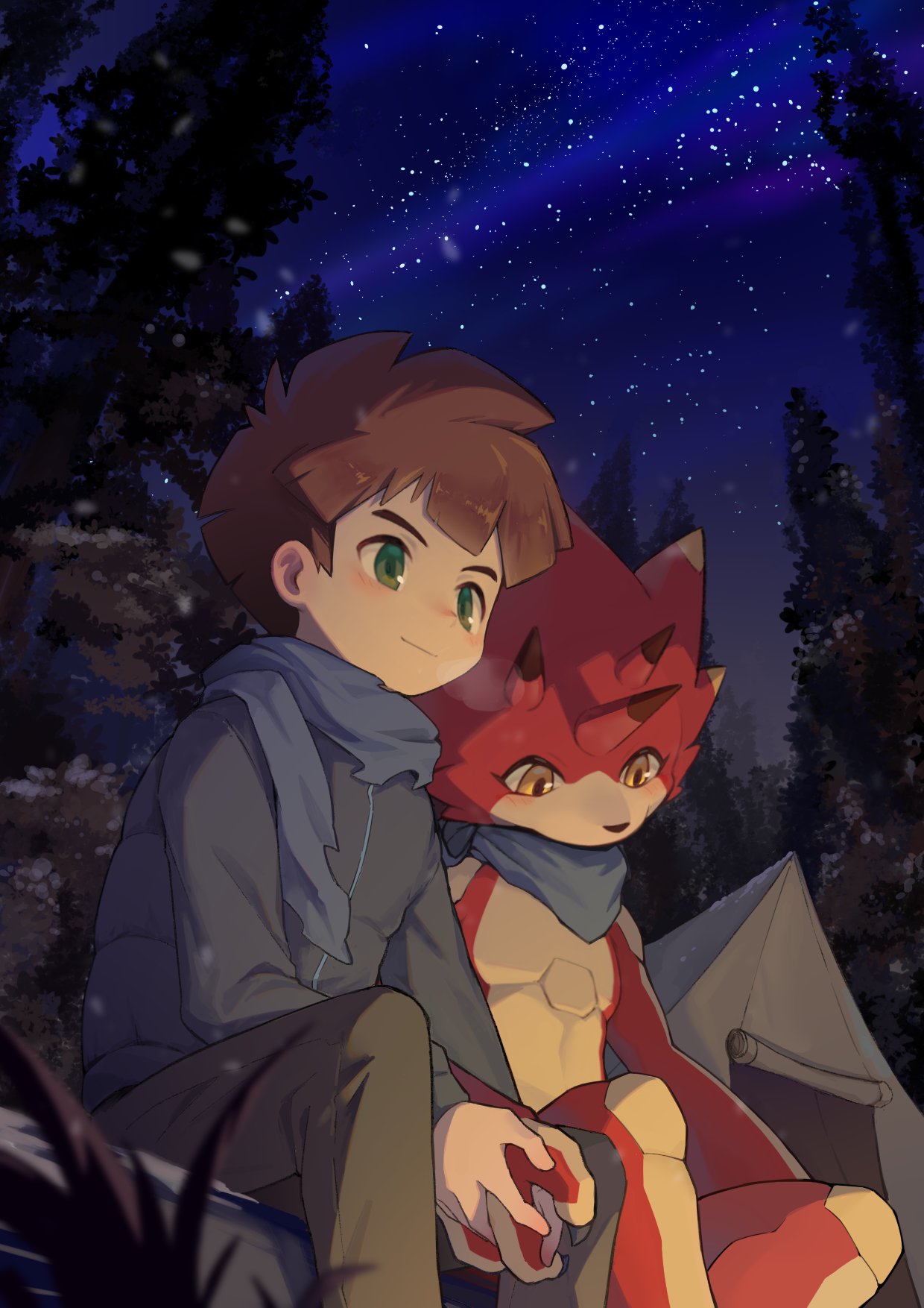 1boy amanokawa_hiro betelgammamon blue_scarf blush brown_hair brown_pants camping child coat commentary_request digimon digimon_(creature) digimon_ghost_game green_eyes highres holding_hands horns kabo_(kabo_lab) long_sleeves male_child male_focus night night_sky nose_blush outdoors pants scarf short_hair sitting sky star_(sky) starry_sky tent tree yellow_eyes