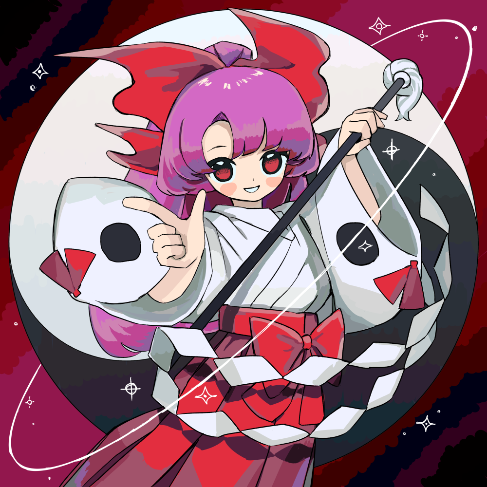 1girl album_cover bangs blush_stickers bow commentary_request cover cowboy_shot gohei hair_bow hakama hakama_skirt hakurei_reimu hakurei_reimu_(pc-98) hand_up holding japanese_clothes kimono long_hair long_sleeves looking_at_viewer neruzou parted_lips ponytail purple_hair red_background red_bow red_eyes red_hakama red_ribbon red_skirt ribbon skirt smile solo sparkle standing tassel touhou touhou_(pc-98) white_kimono wide_sleeves yin_yang