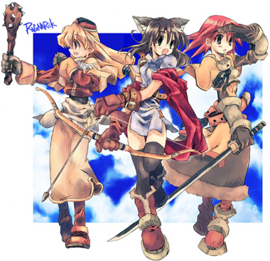 2000s_(style) 3girls acolyte_(ragnarok_online) archer_(ragnarok_online) arrow_(projectile) artist_request bangs belt biretta black_eyes black_thighhighs blonde_hair blue_dress boots bow_(weapon) brown_capelet brown_dress brown_footwear brown_gloves brown_hair brown_shirt brown_skirt capelet cat chest_guard dress full_body gloves hair_between_eyes holding holding_bow_(weapon) holding_club holding_sword holding_weapon katana long_hair looking_to_the_side lowres multiple_girls open_mouth pantyhose ragnarok_online redhead shirt shoes short_dress short_hair short_sleeves skirt sword swordsman_(ragnarok_online) thigh-highs weapon