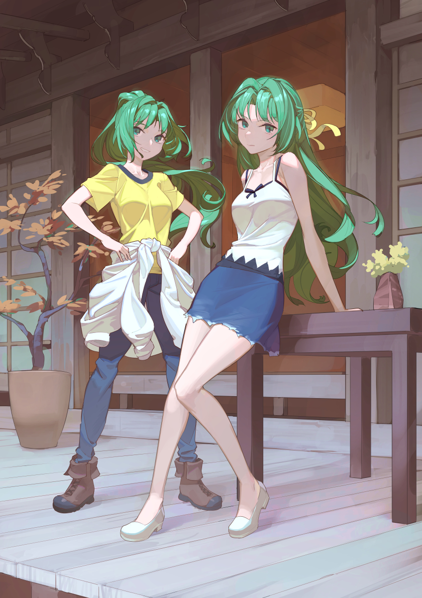 2girls blue_skirt camisole clothes_around_waist denim green_eyes green_hair highres higurashi_no_naku_koro_ni jeans long_hair multiple_girls pants plant ponytail potted_plant shirt siblings skirt sonozaki_mion sonozaki_shion timbougami twins white_camisole yellow_shirt