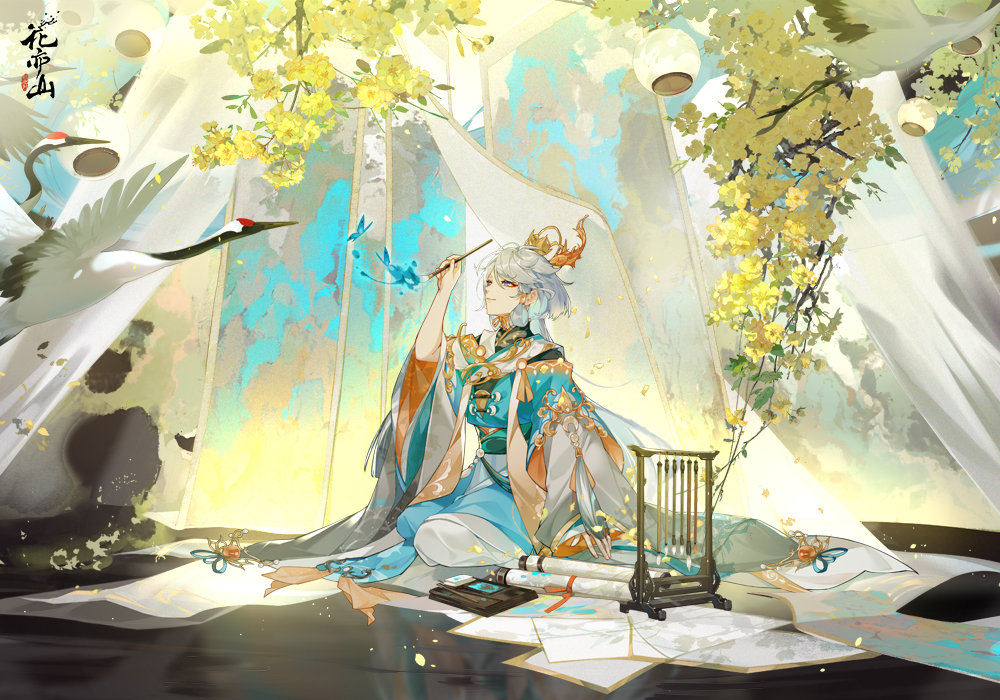 1boy chinese_clothes hanfu hua_yi_shan_xin_zhi_yue liao_liao looking_at_viewer male_focus multicolored_hair official_art scroll solo two-tone_hair