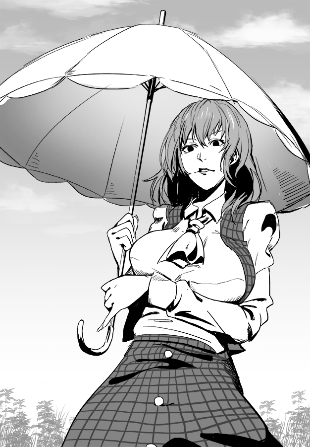 1girl arm_under_breasts ascot bangs breasts clouds collared_shirt commentary_request cowboy_shot day grass greyscale holding holding_umbrella kazami_yuuka large_breasts long_sleeves looking_at_viewer medium_hair minami_koyogi monochrome outdoors parasol parted_lips plaid plaid_skirt plaid_vest shirt skirt skirt_set solo touhou umbrella vest wavy_hair