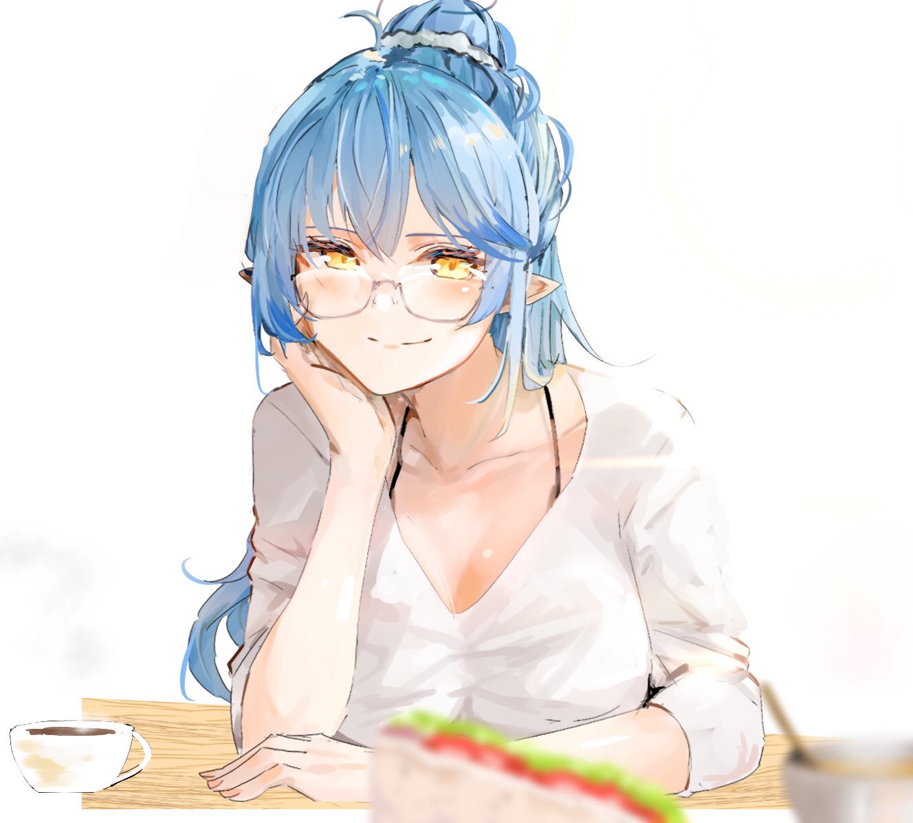 1girl bespectacled blue_hair breasts coffee collarbone cup elf food funi_mu9 glasses hololive large_breasts long_sleeves mug pointy_ears ponytail sandwich shirt simple_background smile solo upper_body virtual_youtuber white_background white_shirt yellow_eyes yukihana_lamy