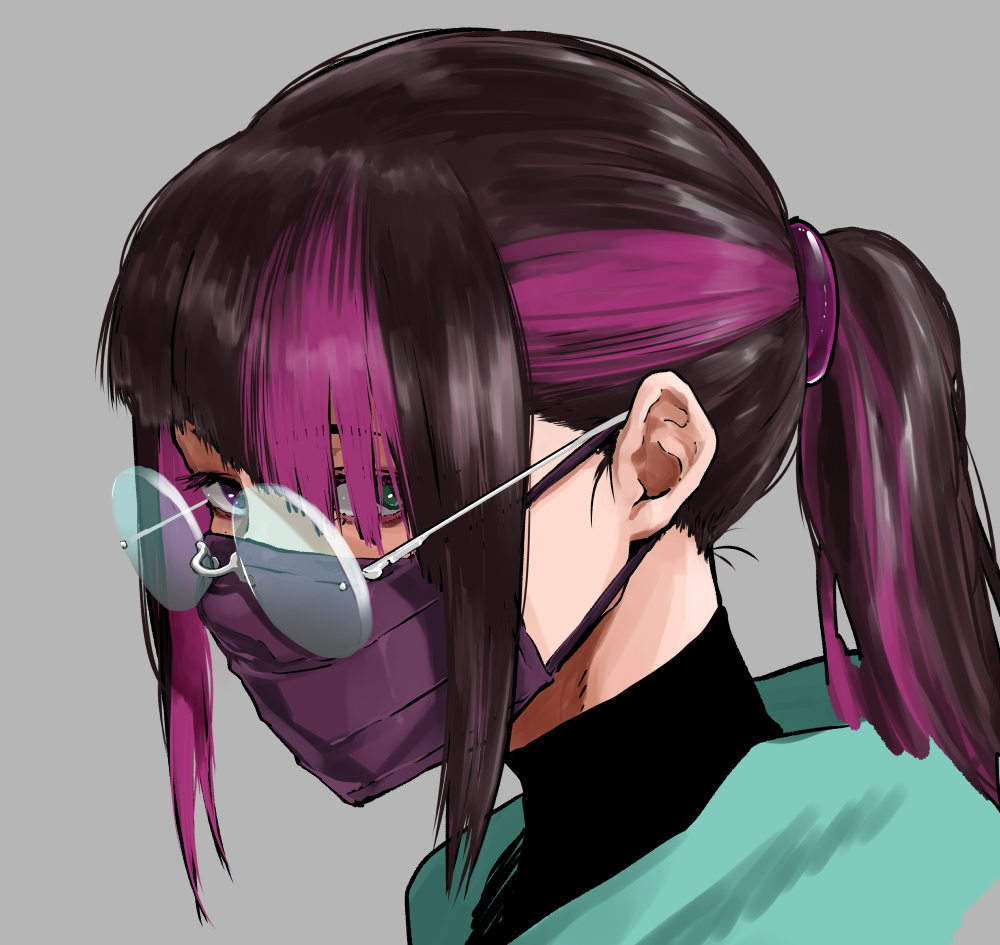 1girl bangs brown_hair commentary_request covered_mouth glasses green_eyes grey_background hair_over_one_eye henriiku_(ahemaru) heterochromia long_hair looking_at_viewer mask mouth_mask multicolored_hair original ponytail portrait purple_hair rimless_eyewear round_eyewear sidelocks sideways_glance simple_background solo streaked_hair turtleneck two-tone_hair violet_eyes