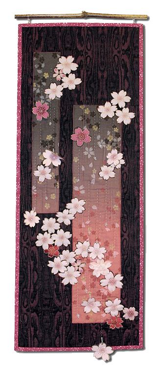 cherry_blossoms commentary english_commentary flower gradient heleneknott no_humans original pink_flower pink_theme quilt_(medium) scroll simple_background tagme transparent_background unconventional_media white_flower window