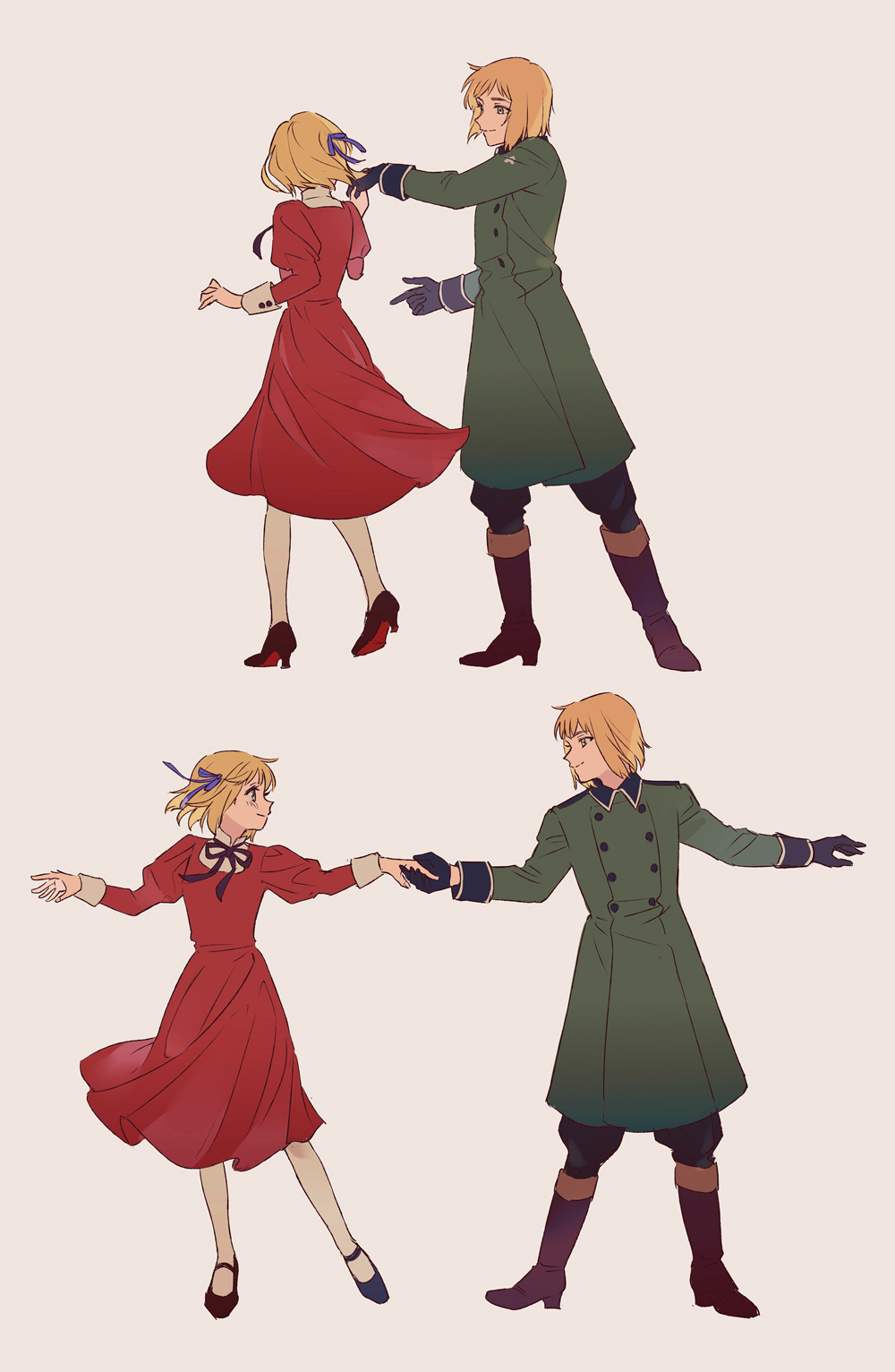 1boy 1girl axis_powers_hetalia black_gloves black_pants blonde_hair boots bow dancing dress gloves green_eyes hair_ribbon highres juliet_sleeves liechtenstein_(hetalia) long_sleeves looking_at_another mary_janes military military_uniform pants puffy_pants puffy_sleeves purple_bow ribbon shoes short_hair siblings simple_background sleeve_cuffs smile switzerland_(hetalia) thigh-highs uniform vvvrsi3636 white_thighhighs