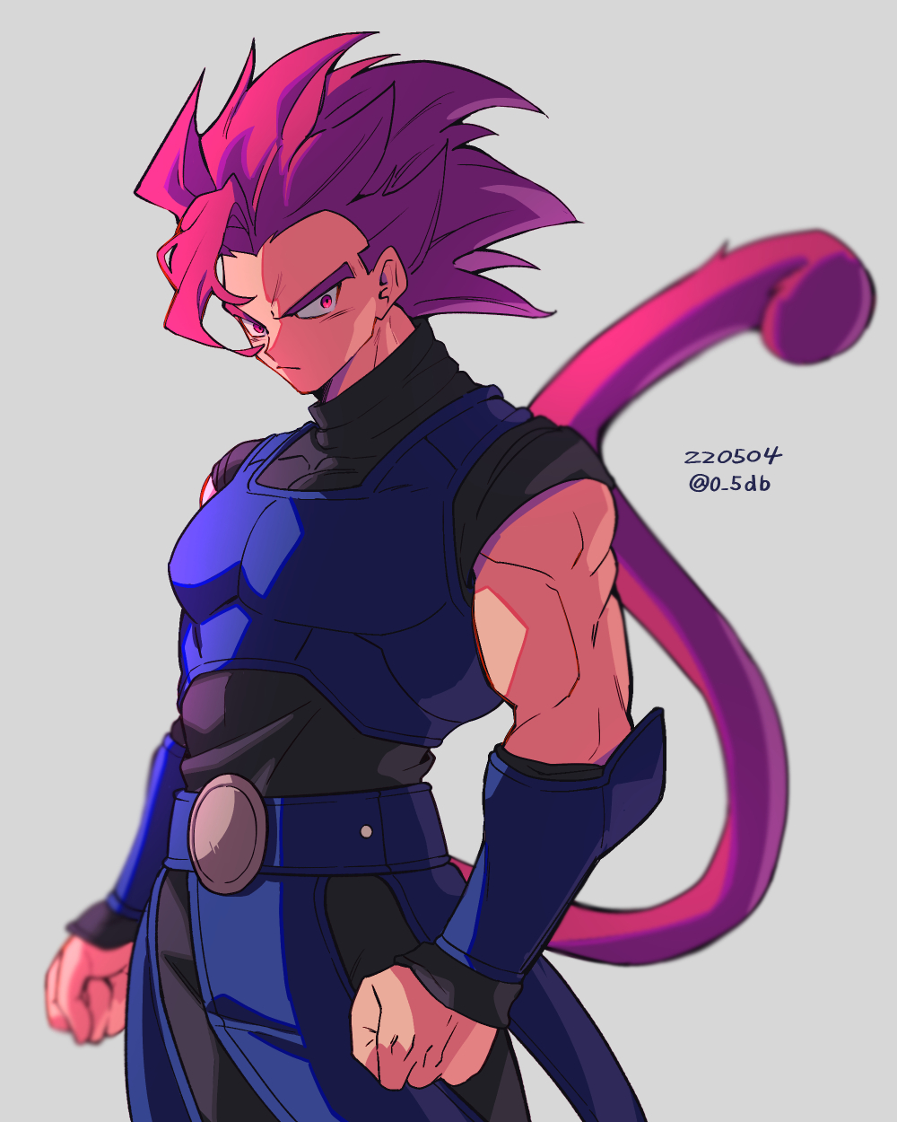 1boy armor arms_at_sides black_shirt clenched_hands closed_mouth commentary_request covered_collarbone dated dragon_ball dragon_ball_legends highres male_focus monkey_tail pink_eyes pink_hair saiyan_armor serious shallot_(dragon_ball) shirt solo standing super_saiyan super_saiyan_god tail turtleneck twitter_username zero-go