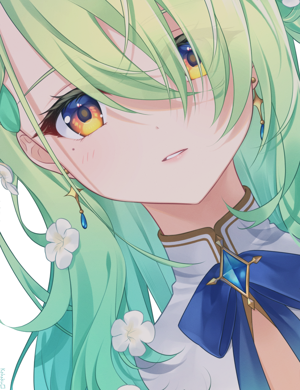 1girl blue_ribbon ceres_fauna earrings flower green_hair hair_flower hair_ornament hako_sketch highres hololive hololive_english jewelry long_hair looking_at_viewer mole mole_under_eye orange_eyes parted_lips ribbon solo teeth virtual_youtuber wavy_hair white_flower