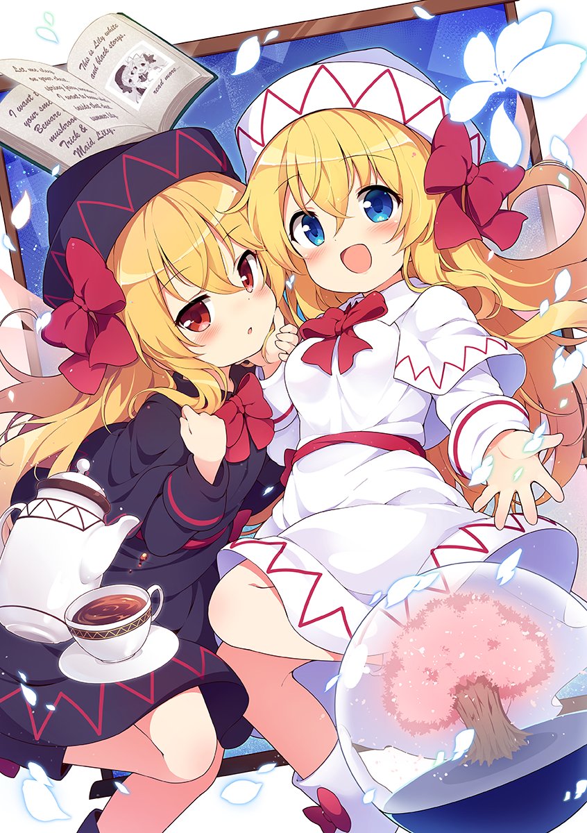2girls baku-p black_capelet black_dress black_headwear blonde_hair blue_eyes blush book capelet cup dress dual_persona fairy fairy_wings hair_between_eyes hat highres lily_black lily_white long_hair long_sleeves multiple_girls open_book open_mouth red_eyes smile touhou white_capelet white_dress white_headwear wings