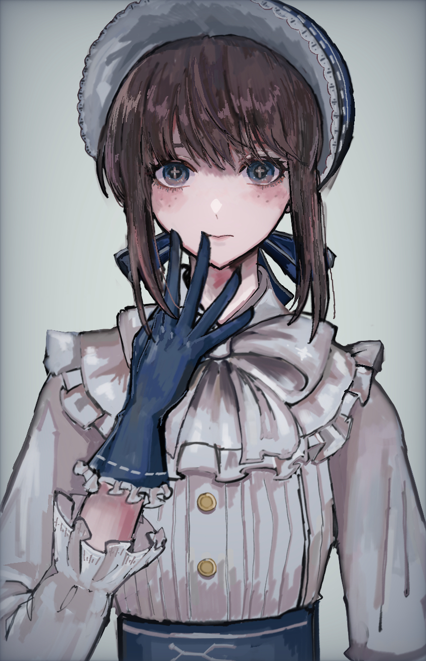 1girl akitsu_(davis0527dx) blue_eyes blue_gloves blue_headwear bonnet bow brown_hair closed_mouth cross-shaped_pupils dress emma_woods emma_woods_(boudoir_dream) expressionless freckles frilled_bonnet frilled_gloves frilled_sleeves frills gloves hand_on_own_face highres identity_v looking_at_viewer official_alternate_costume short_hair short_hair_with_long_locks sidelocks simple_background solo upper_body white_background