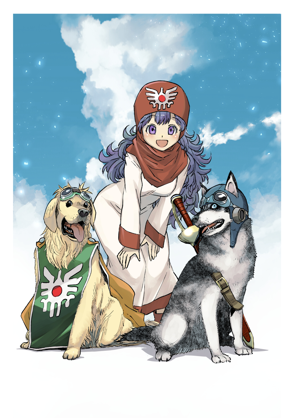 1girl breasts clouds curly_hair dog dragon_quest dragon_quest_ii dress full_body highres hood long_hair looking_at_viewer muramasa_mikado open_mouth prince_of_lorasia prince_of_samantoria princess_of_moonbrook purple_hair smile violet_eyes