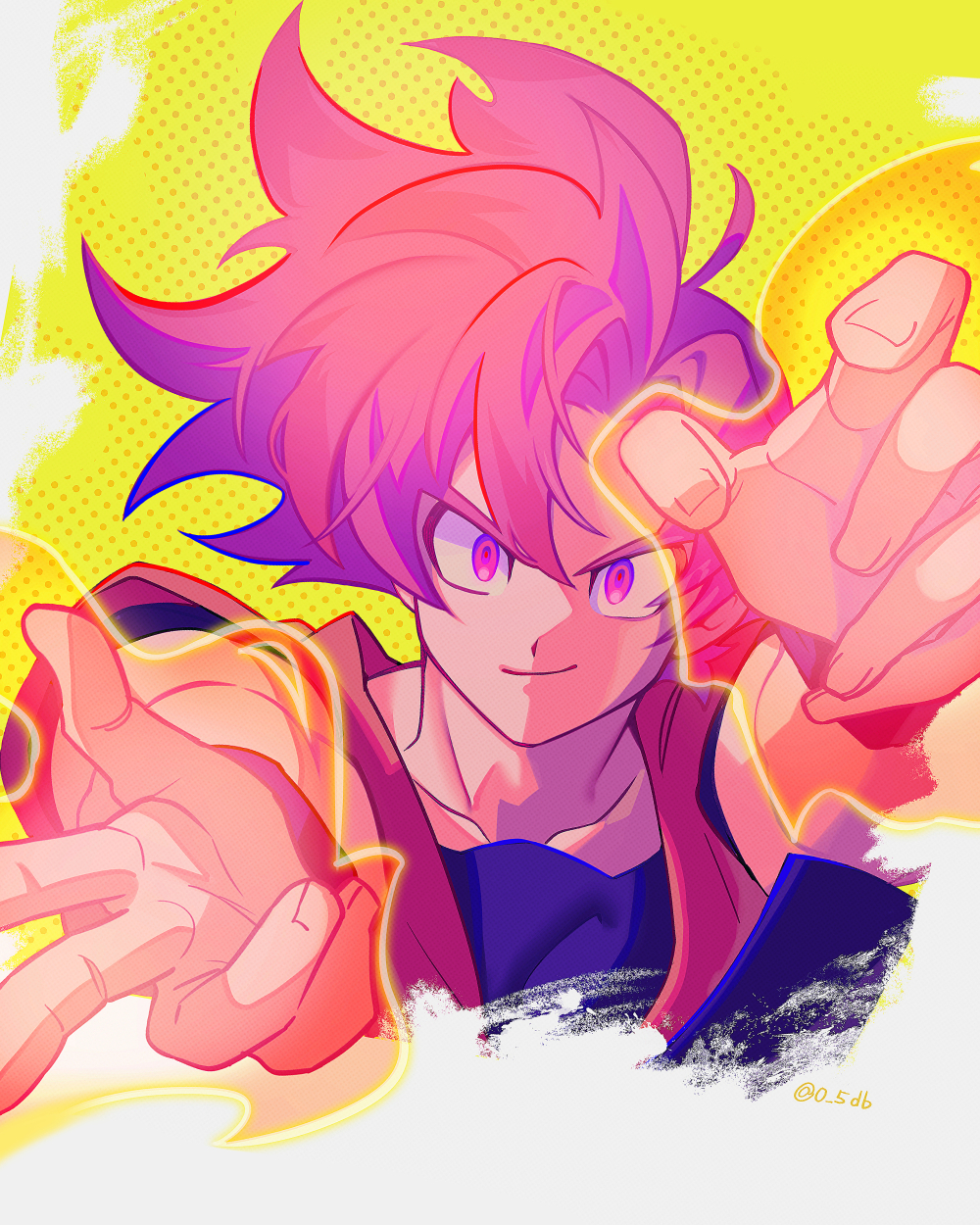 1boy closed_mouth collarbone cropped_torso dougi dragon_ball dragon_ball_super energy hand_up highres looking_at_viewer male_focus pink_eyes pink_hair polka_dot polka_dot_background smile solo son_goku spiky_hair super_saiyan super_saiyan_god twitter_username two-tone_background upper_body white_background yellow_background zero-go
