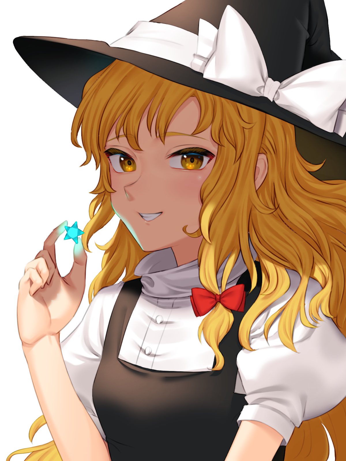 1girl black_headwear black_vest blonde_hair bow breasts c_i_an frilled_hat frills grin hat hat_bow highres holding holding_star kirisame_marisa long_hair puffy_short_sleeves puffy_sleeves shirt short_sleeves small_breasts smile solo star_(symbol) touhou turtleneck upper_body very_long_hair vest wavy_hair white_bow white_shirt witch witch_hat yellow_eyes