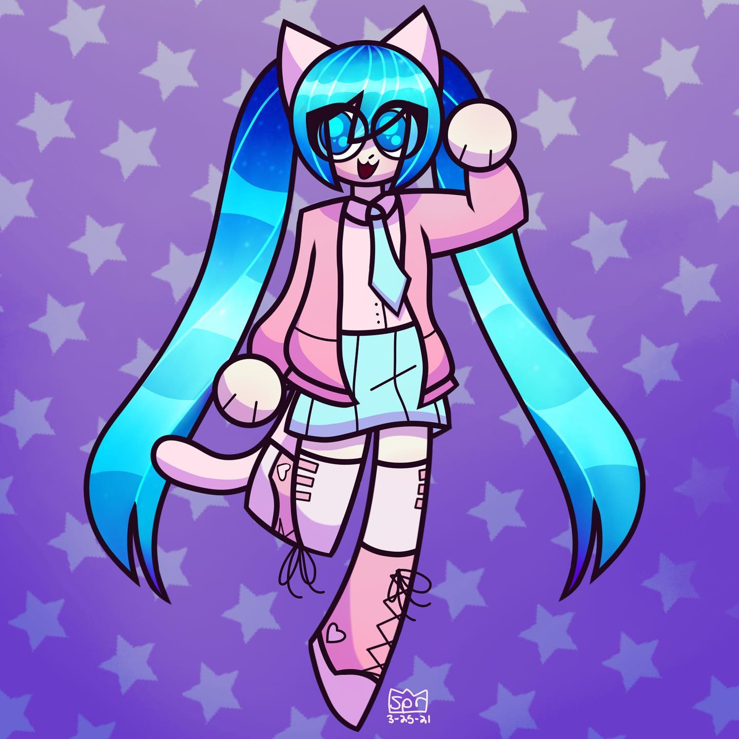 1girl :3 animal_ears aqua_hair big_eyes blue_eyes blue_hair blue_skirt boots cat_ears cat_girl cat_tail cross-laced_footwear gradient gradient_background hatsune_miku heart highres jacket knee_boots lace-up_boots leg_up long_hair necktie open_mouth paw_pose pink_footwear pink_jacket pleated_skirt shiny shiny_hair signature skirt solo springy standing starry_background tail thigh-highs twintails very_long_hair vocaloid