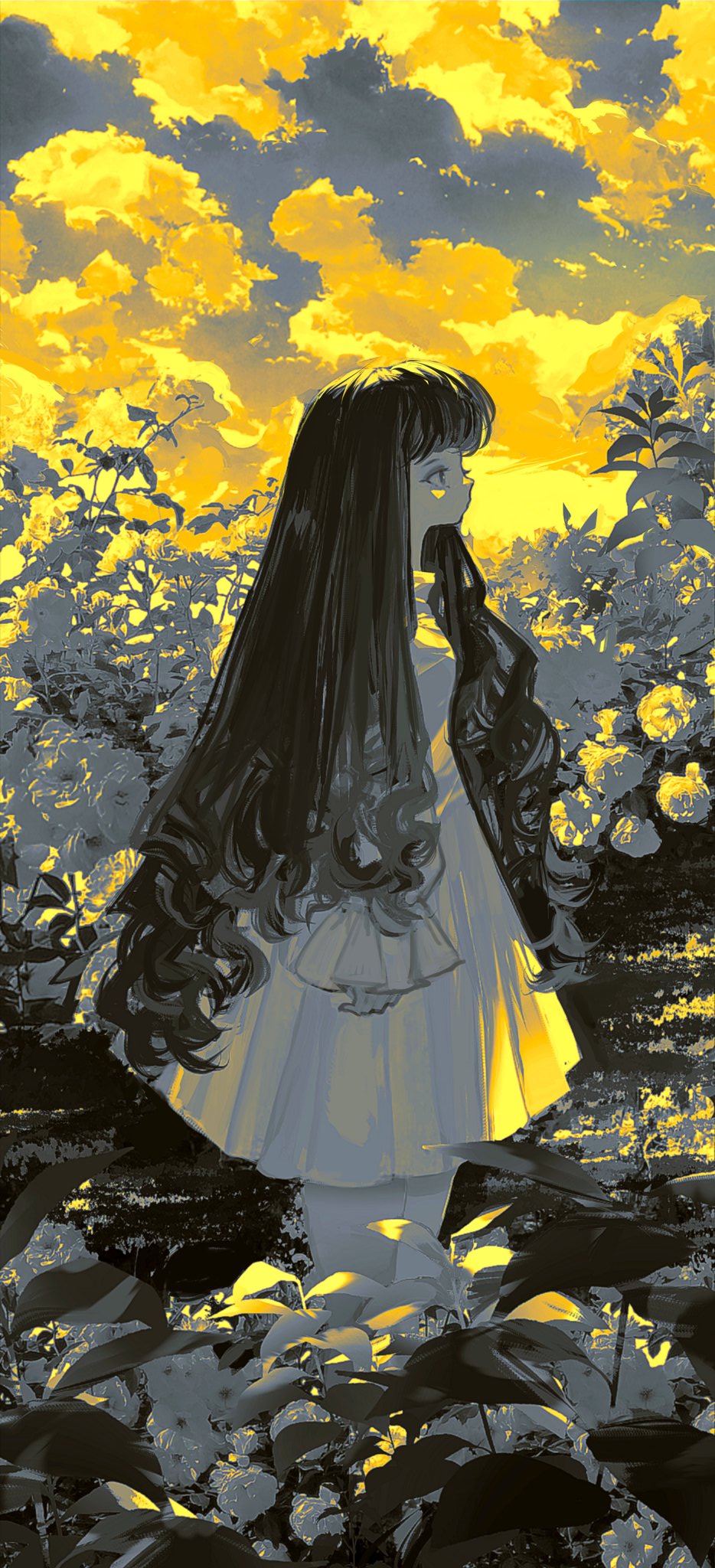 1girl bangs black_hair copyright_request curly_hair frilled_sleeves frills from_side highres john_kafka long_hair long_sleeves outdoors profile sleeves_past_wrists standing very_long_hair yellow_theme