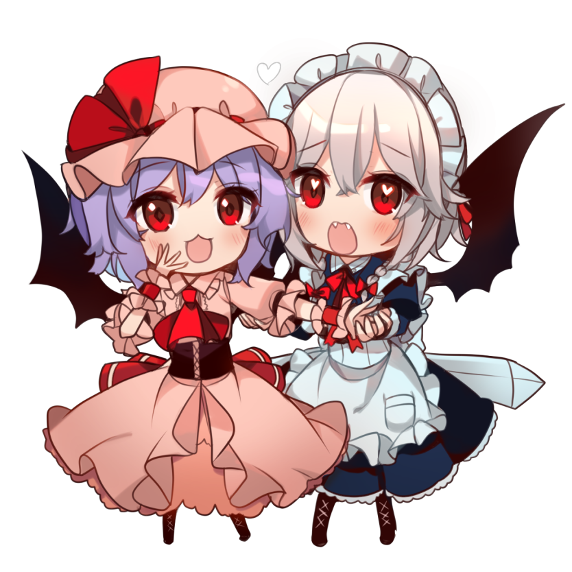 2girls :3 apron ascot bat_wings black_corset braid center_frills collar commentary_request corset dress fangs frilled_apron frilled_collar frills full_body hair_ribbon hat hat_ribbon heart heart-shaped_pupils holding_another's_arm izayoi_sakuya kirero maid maid_apron maid_headdress mob_cap multiple_girls neck_ribbon open_mouth pink_dress pink_headwear puffy_short_sleeves puffy_sleeves purple_hair red_ascot red_eyes red_ribbon remilia_scarlet ribbon short_sleeves simple_background symbol-shaped_pupils touhou tress_ribbon twin_braids waist_apron white_apron white_background white_hair wings wrist_cuffs