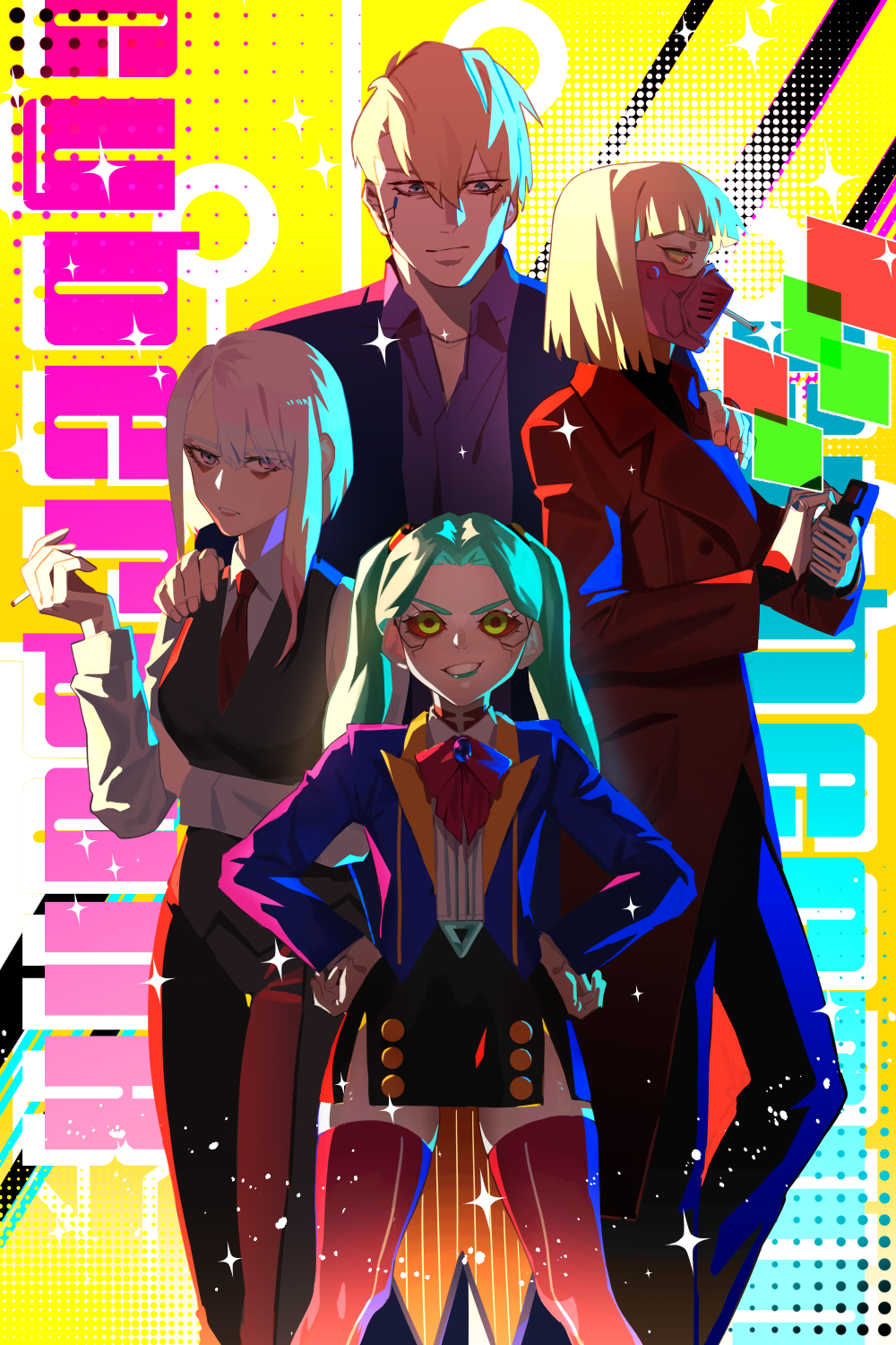4girls artificial_eye ascot black_skirt black_vest blonde_hair blue_eyes blue_gemstone blue_hair blue_jacket breasts cigarette clothing_request colored_sclera commentary_request cyberpunk_(series) cyberpunk_edgerunners dorio_(cyberpunk_edgerunners) gem green_eyes green_lips grin hand_on_another's_shoulder hands_on_hips highres holding holding_cigarette jacket kiwi_(cyberpunk_edgerunners) legs_apart long_hair looking_at_viewer looking_down lucy_(cyberpunk_edgerunners) mechanical_eye medium_breasts multiple_girls neck_tattoo onsongte petite purple_shirt rebecca_(cyberpunk_edgerunners) red_ascot red_eyes red_pupils red_sclera red_thighhighs red_tie shirt short_hair skindentation skirt smile smoking tattoo thigh-highs vest white_hair white_shirt