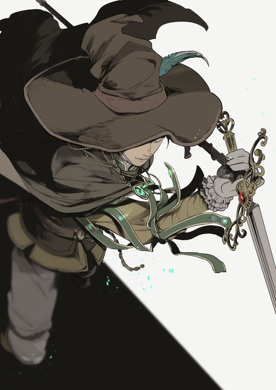 1boy blurry cape depth_of_field elden_ring frilled_gloves frills gloves green_eyes hat highres holding holding_sword holding_weapon kero_1110 male_focus simple_background solo sorcerer_rogier staff sword weapon witch_hat