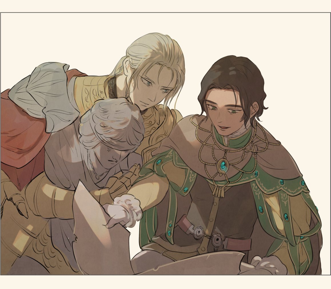 2boys armor black_hair blonde_hair cape d_hunter_of_the_dead elden_ring gloves holding kero_1110 male_focus multiple_boys ponytail reading simple_background sorcerer_rogier