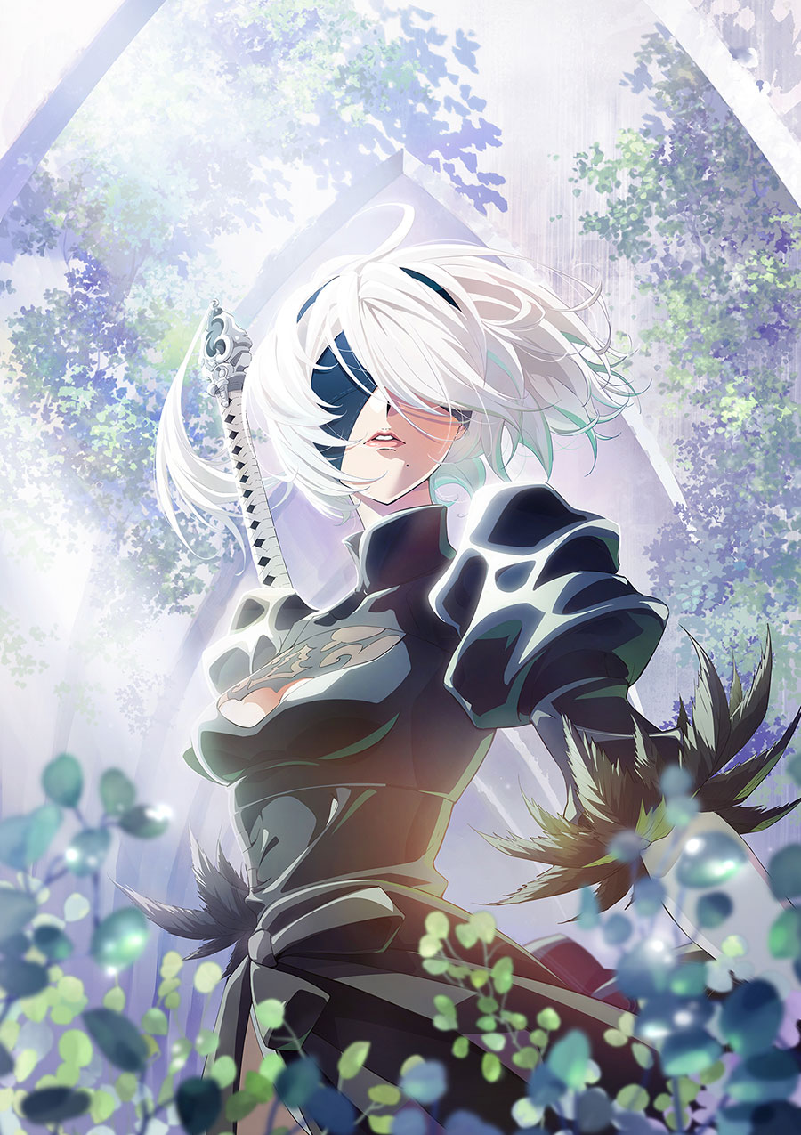 1girl black_blindfold black_hairband blindfold covered_eyes feather-trimmed_sleeves hairband highres juliet_sleeves katana key_visual long_sleeves mole mole_under_mouth nier_(series) nier_automata official_art plant promotional_art puffy_sleeves solo sword virtuous_contract weapon white_hair wind yorha_no._2_type_b