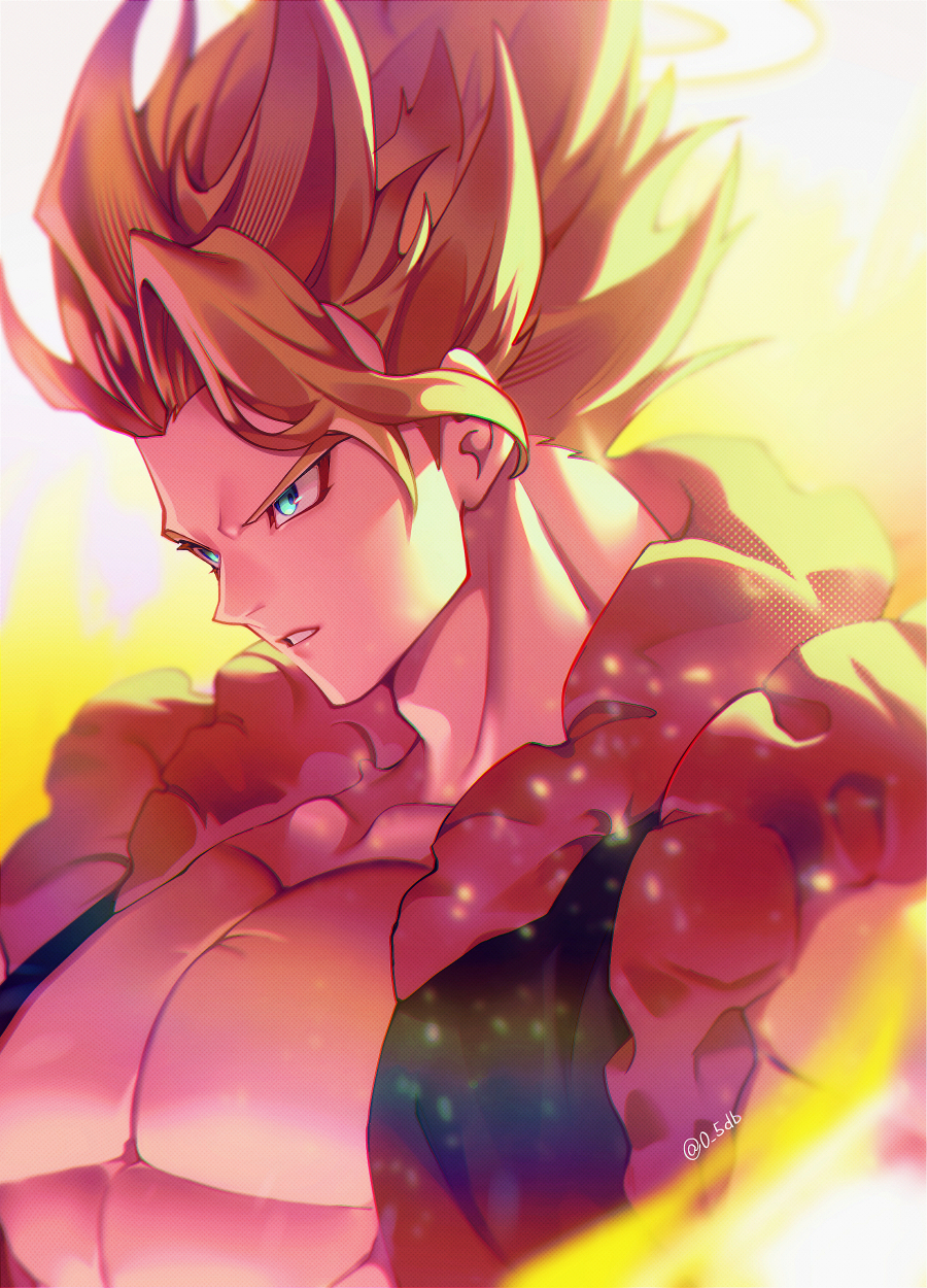 1boy blonde_hair blue_eyes commentary_request dragon_ball dragon_ball_z from_side gogeta halo highres male_focus metamoran_vest muscular muscular_male parted_lips pectorals solo spiky_hair super_saiyan super_saiyan_1 twitter_username upper_body zero-go