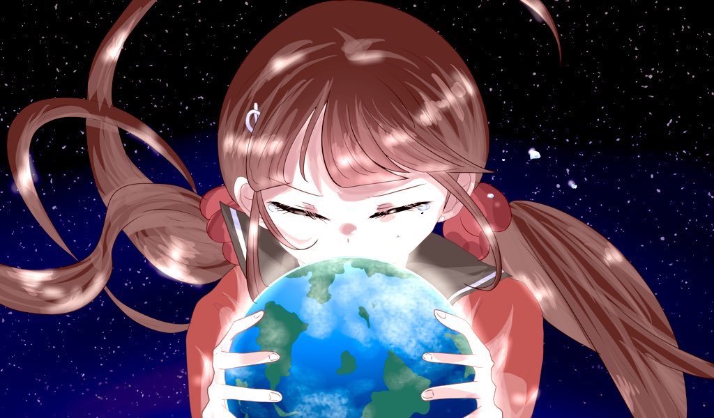 1girl bangs black_sailor_collar brown_hair closed_eyes commentary danganronpa_(series) danganronpa_v3:_killing_harmony earth_(planet) hair_ornament hair_scrunchie hair_up hairclip harukawa_maki holding_planet long_hair low_twintails maguro_(magurooo3) mole mole_under_eye planet red_scrunchie red_shirt sailor_collar scrunchie shiny shiny_hair shirt solo space symbol-only_commentary tearing_up twintails upper_body
