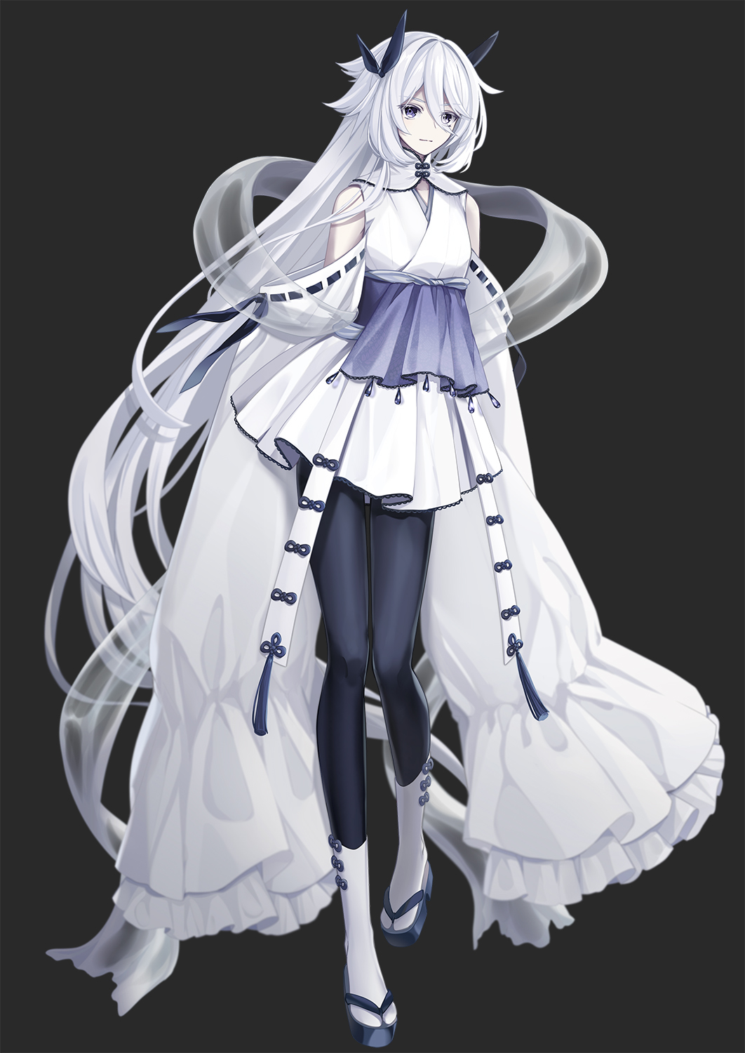 1girl absurdly_long_hair arms_at_sides bangs bare_shoulders black_leggings blue_eyes blue_footwear blue_ribbon breasts closed_mouth colored_eyelashes commentary_request detached_sleeves dress full_body grey_background hagoromo hair_between_eyes hair_flaps hair_ribbon highres knees_together_feet_apart leggings legs long_hair looking_at_viewer lugia merlusa personification pokemon ribbon ribbon-trimmed_sleeves ribbon_trim sandals sash see-through shawl short_dress sidelocks simple_background sleeveless sleeveless_dress sleeves_past_fingers sleeves_past_wrists small_breasts socks solo split_mouth standing tabi very_long_hair very_long_sleeves white_dress white_hair white_socks wide_sleeves