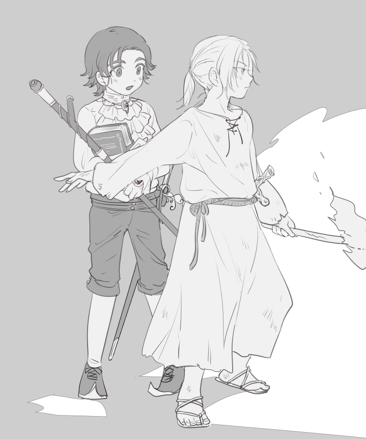 2boys aged_down book d_hunter_of_the_dead elden_ring fire greyscale kero_1110 male_focus monochrome multiple_boys ponytail sorcerer_rogier staff torch