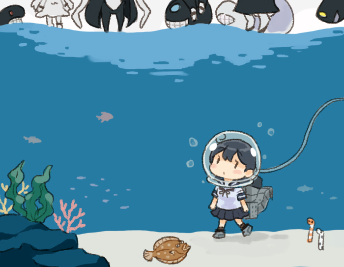 abyssal_ship ahoge black_hair black_sailor_collar black_skirt character_name commentary_request fish fishbowl_helmet kantai_collection long_hair machinery pleated_skirt saiguchi_otoufu sailor_collar school_uniform seaweed serafuku skirt underwater ushio_(kancolle)